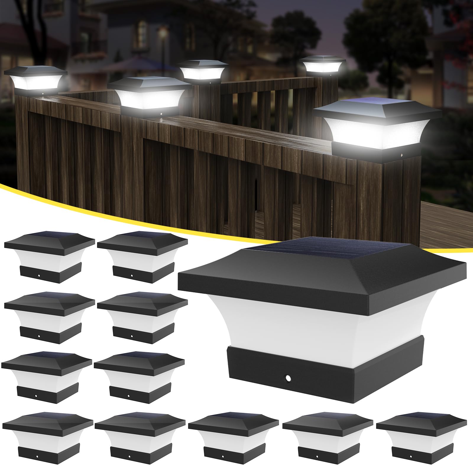 T-SUN Solar Post Cap Lights, Waterproof LED for 4x4 Wooden Posts, Eco-Friendly, Black, 12 Pack, Model TS-GL0403-60X12