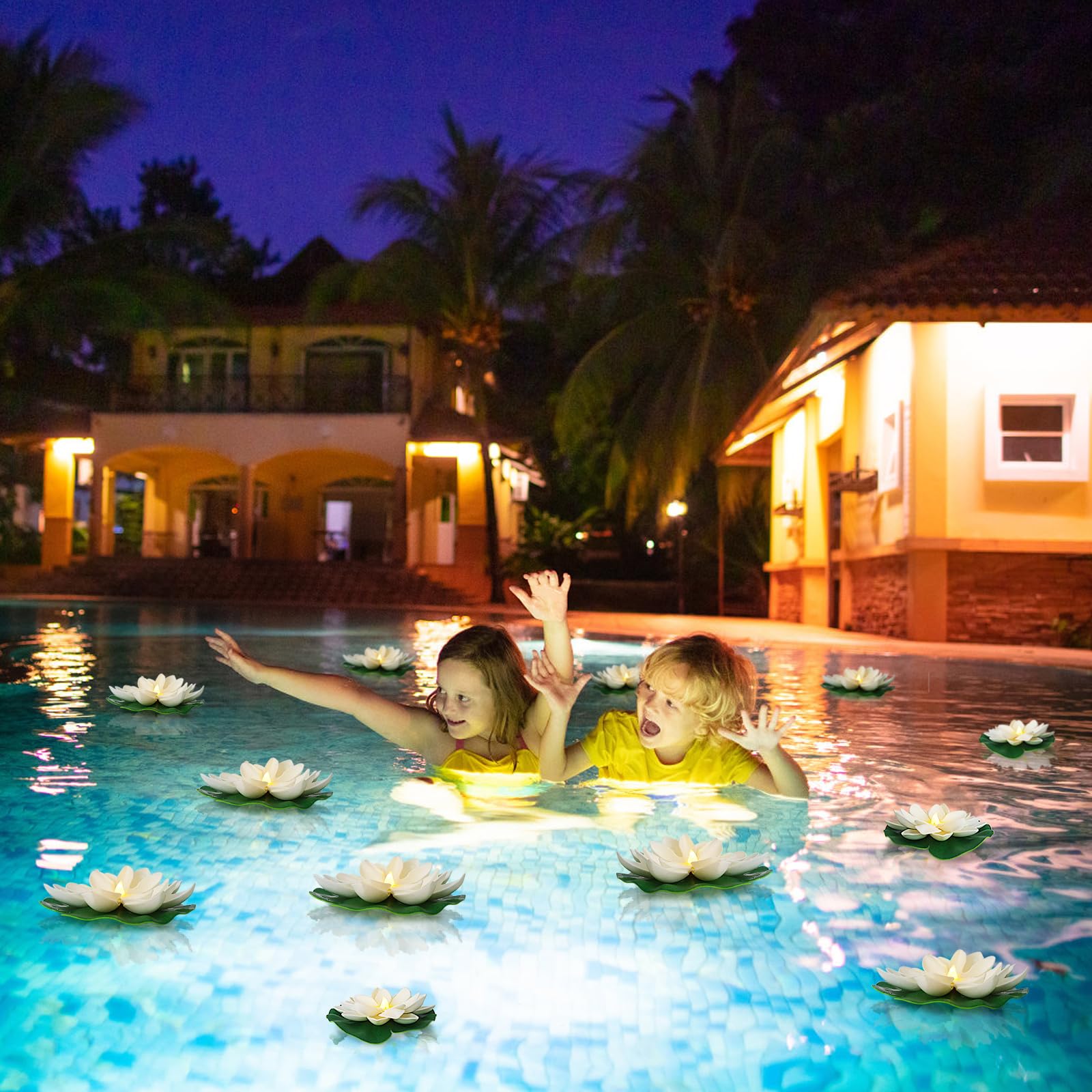 Lacgo 12 Pcs Diwali Waterproof Floating Lotus Light - Floating Flower Light Battery Operated Water Activated Warm White Pool Flower Lamp Wedding,Anniversary,Garden Decoration(6Inch & 5Inch)