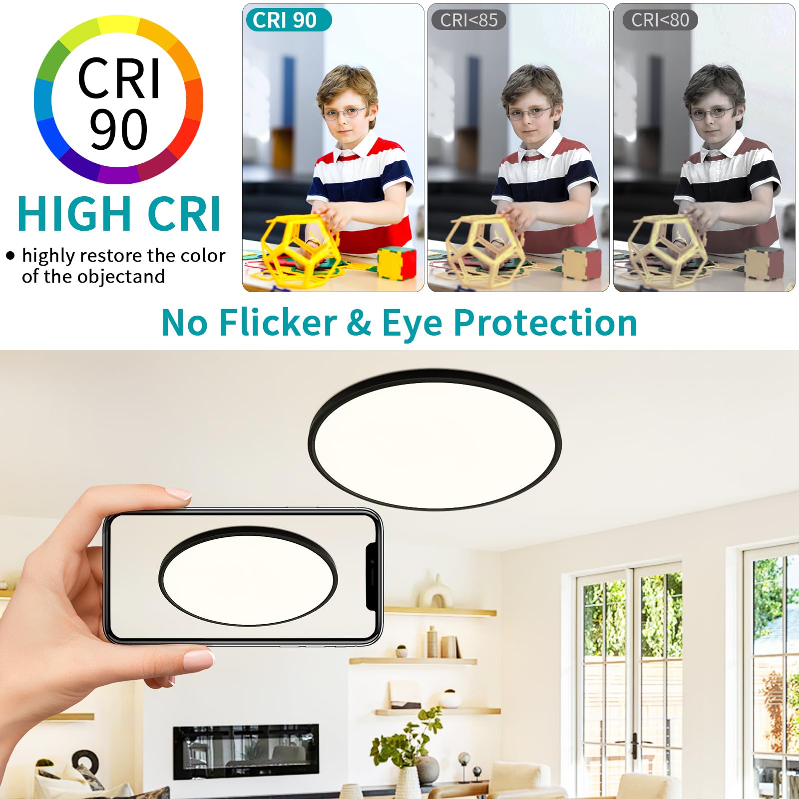 Glowall 24" LED Flush Mount Ceiling Light Fixture, Dimmable, 56W, 5600 Lumen, Ultra Thin, Black, Model V-LT0144