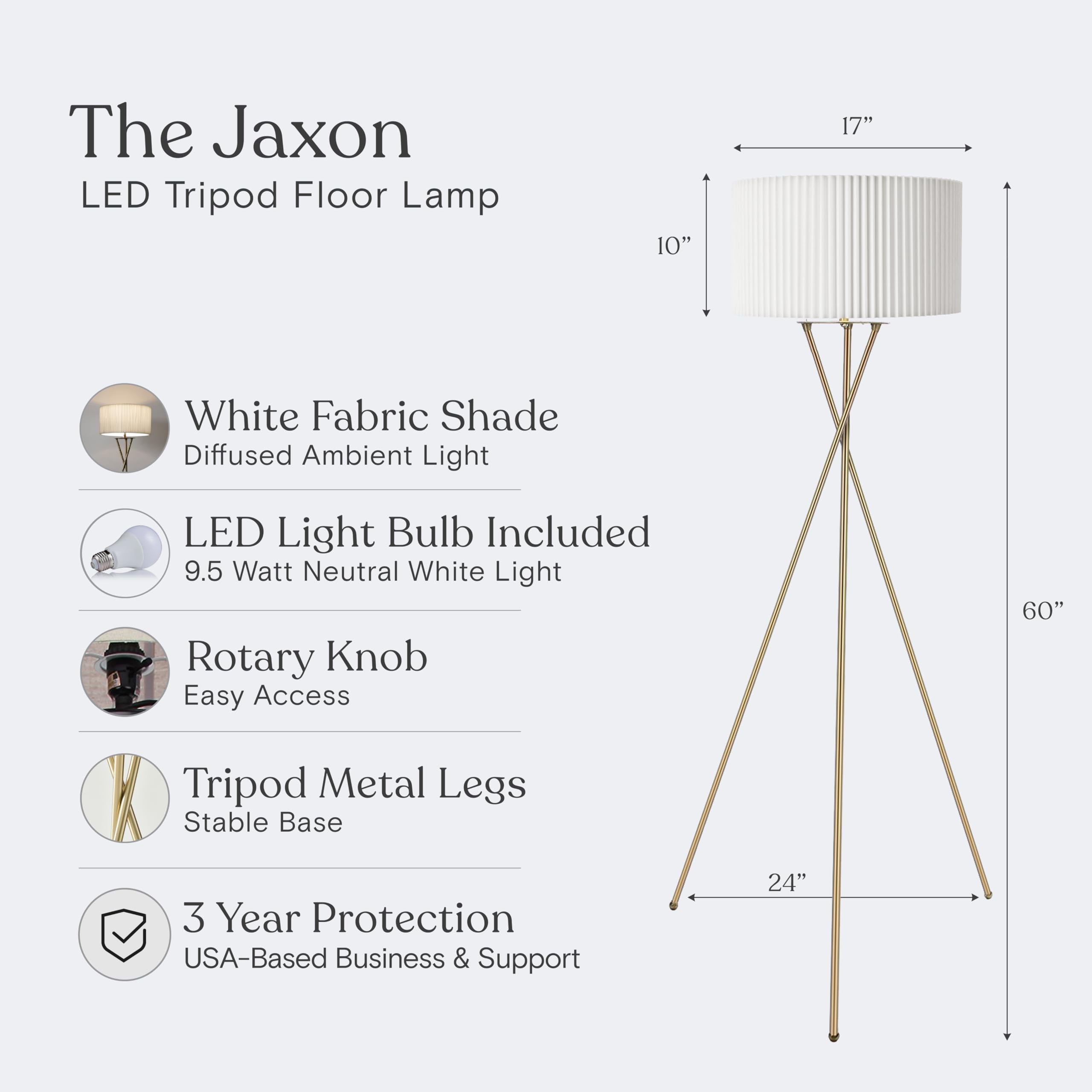 Brightech Jaxon LED Floor Lamp, Modern Brass Tripod Design, Pleated Drum Shade, Model FL-JXNPL-BRS