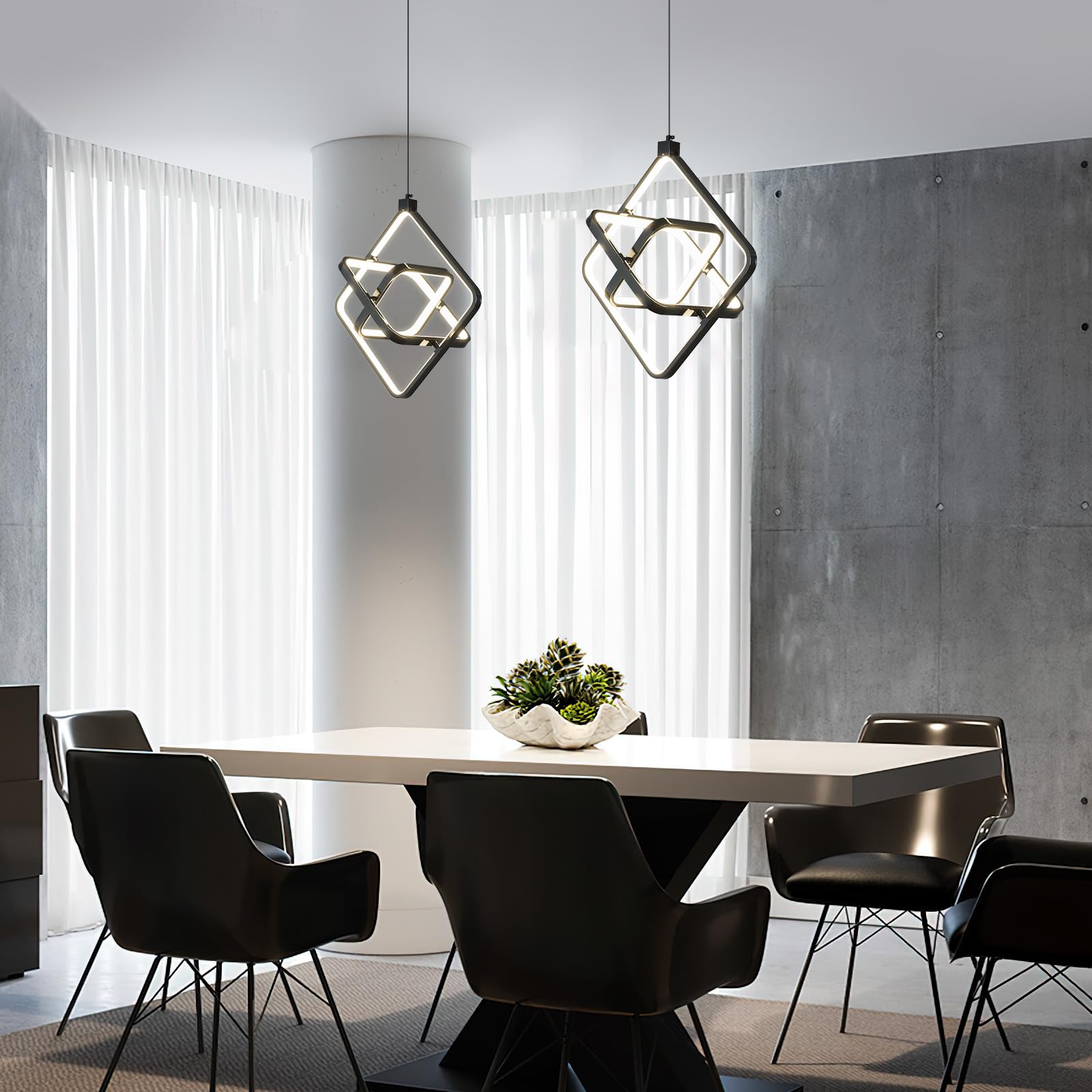 Bnhhlz Modern Led Pendant Lights Plated Black Rectangular Pendant Light Fixtures 4000K 35W Dimmable Pendant Lighting For Dining Room Kitchen Island Bedroom Living Room Foyer(3-Ring)