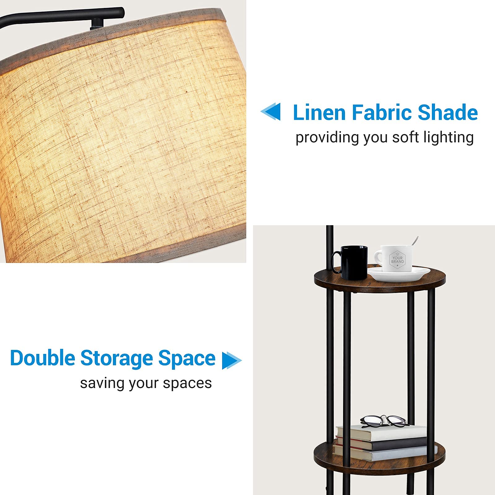 DEWENWILS Floor Lamp with Table, Rustic Brown Wood, Adjustable for Bedroom, Living Room, Model 767637595841
