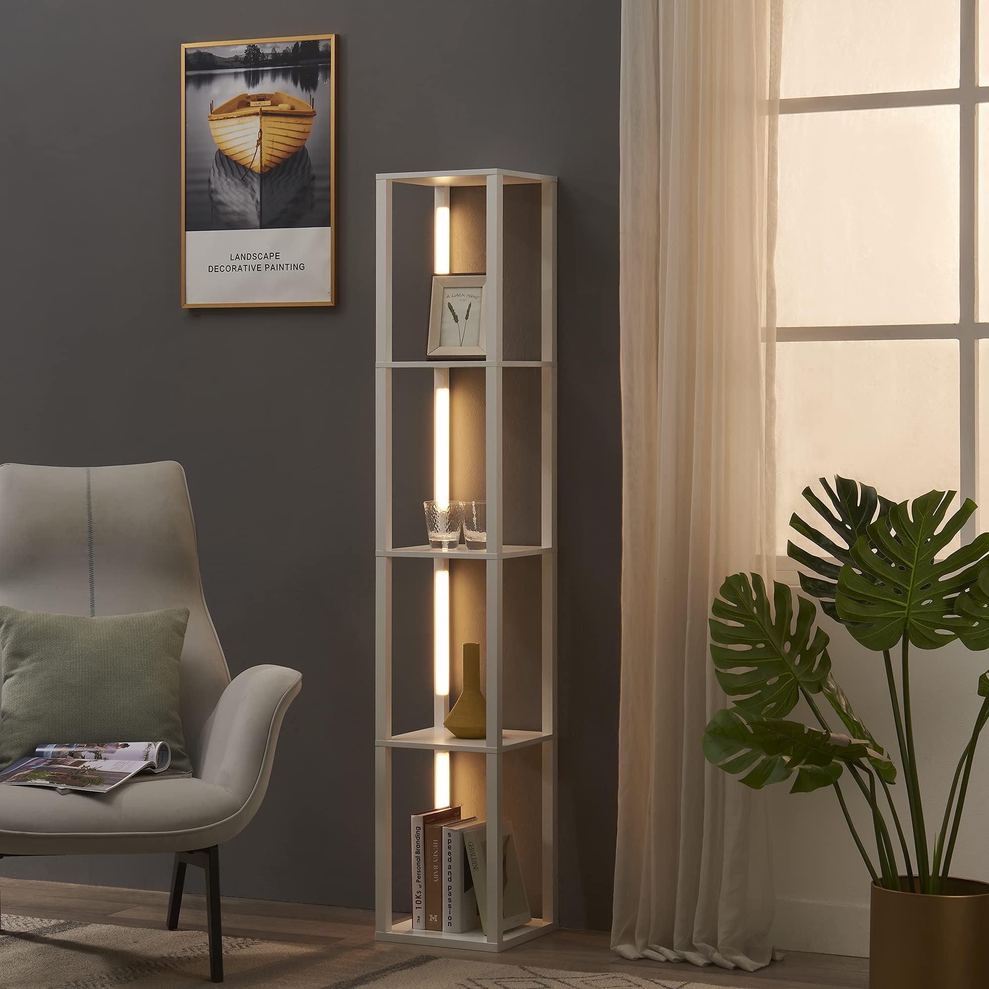 FENLO Fancy 64 Luxury Display Shelf with LED Floor Lamps for Living Room  Sturdy corner Shelf curio cabinet Display cabinet  Durable Tall Shelf Floor Lamps with Shelves  3 Level Brightness LED  White-Like New