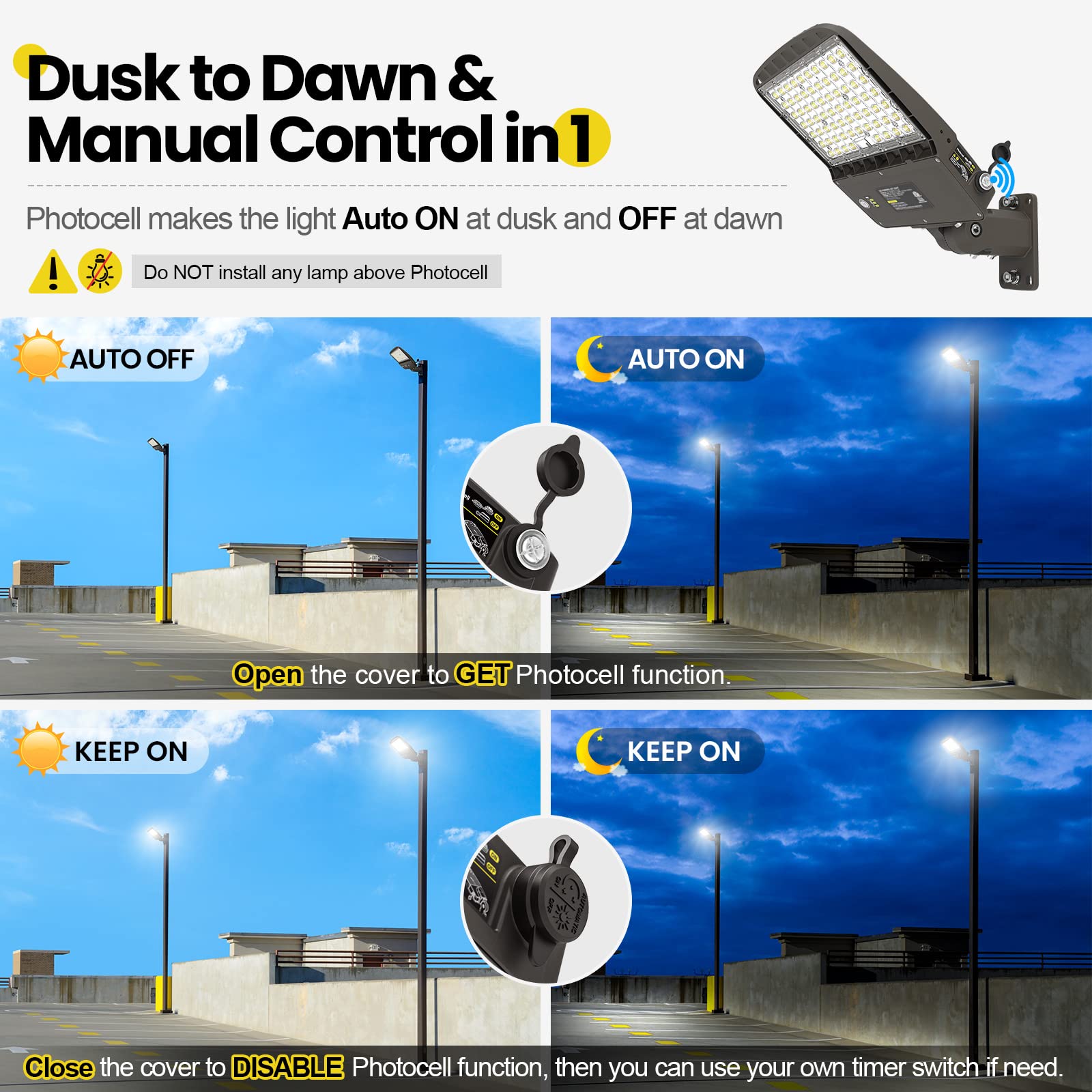 YARBO 240W LED Parking Lot Light - 220W/200W Selectable, 38400LM, Dimmable, Dusk to Dawn Photocell, Arm & Slip F