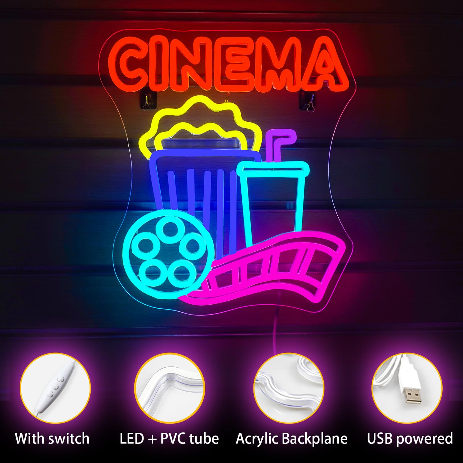 Looklight Cinema Popcorn Paper Box LED Neon Sign, Dimmable USB Light, 16x12 inches, Plastic, Cinema Color