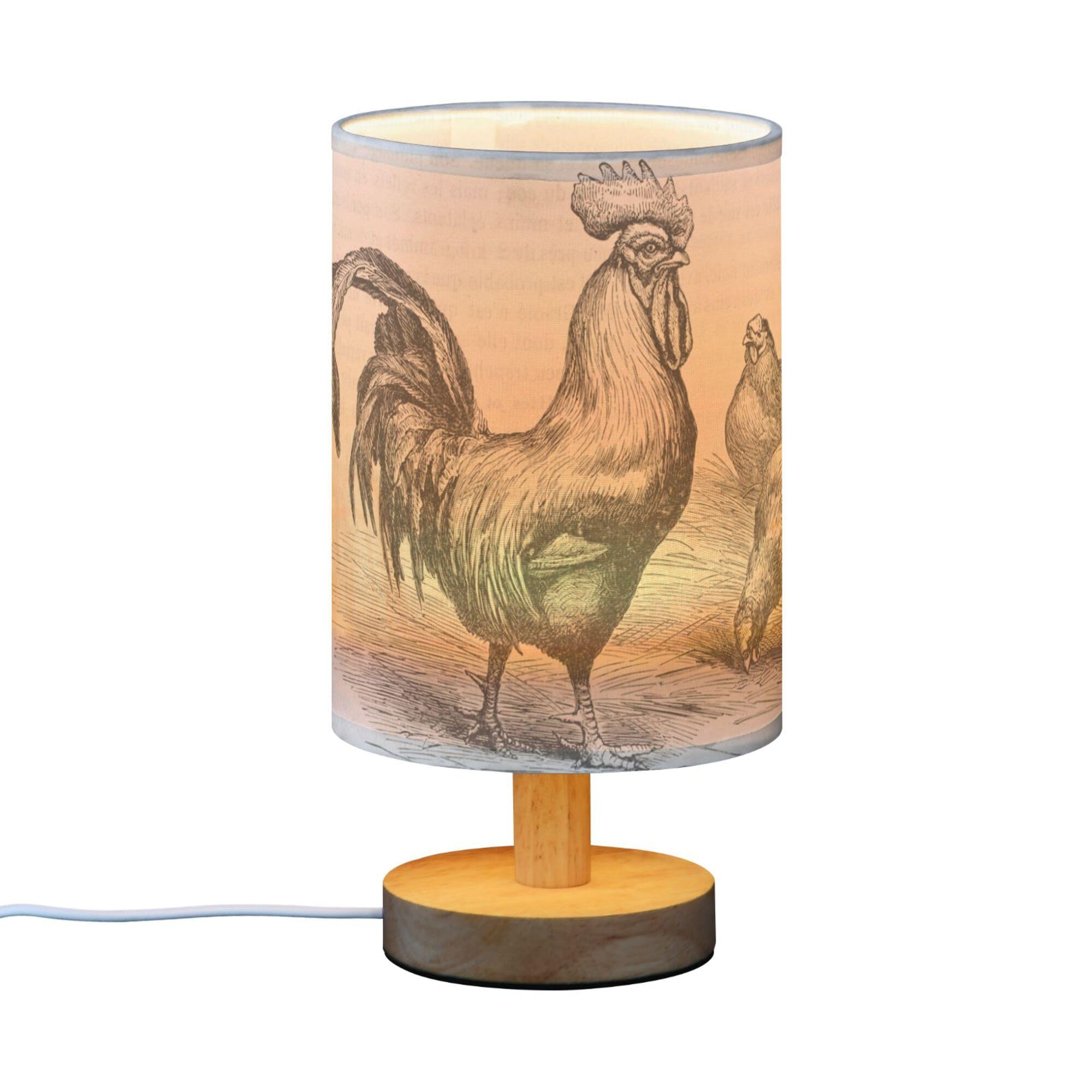 Yyzzh Table Lamp Retro Vintage Rooster Chicken Nightstand Lamp With Wood Base Fabric Lamp Shade Bedside Desk Lamp For Living Roo