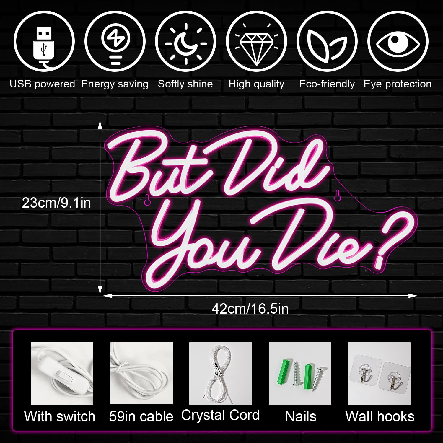 Horseneon Neon LED Sign - Pink Wall Decor, USB Powered Acrylic Light for Bedroom, Office, Gym, Living Room
