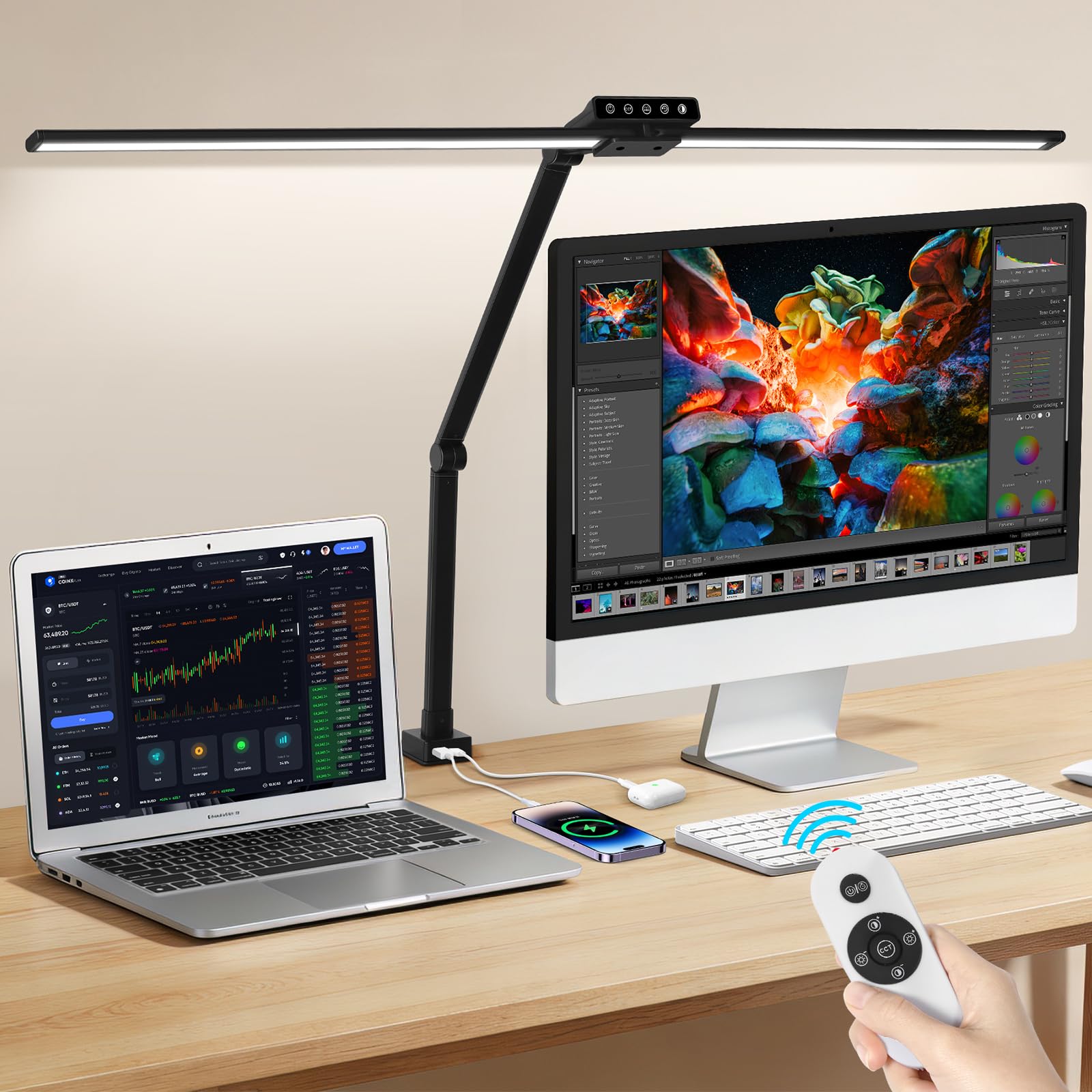 OUTON 29.5 LED Desk Lamp with Clamp for Home Office, 24W Eye-Caring Architect Desk Lamp for Dual Monitors, USB-C & USB-A Ports, 