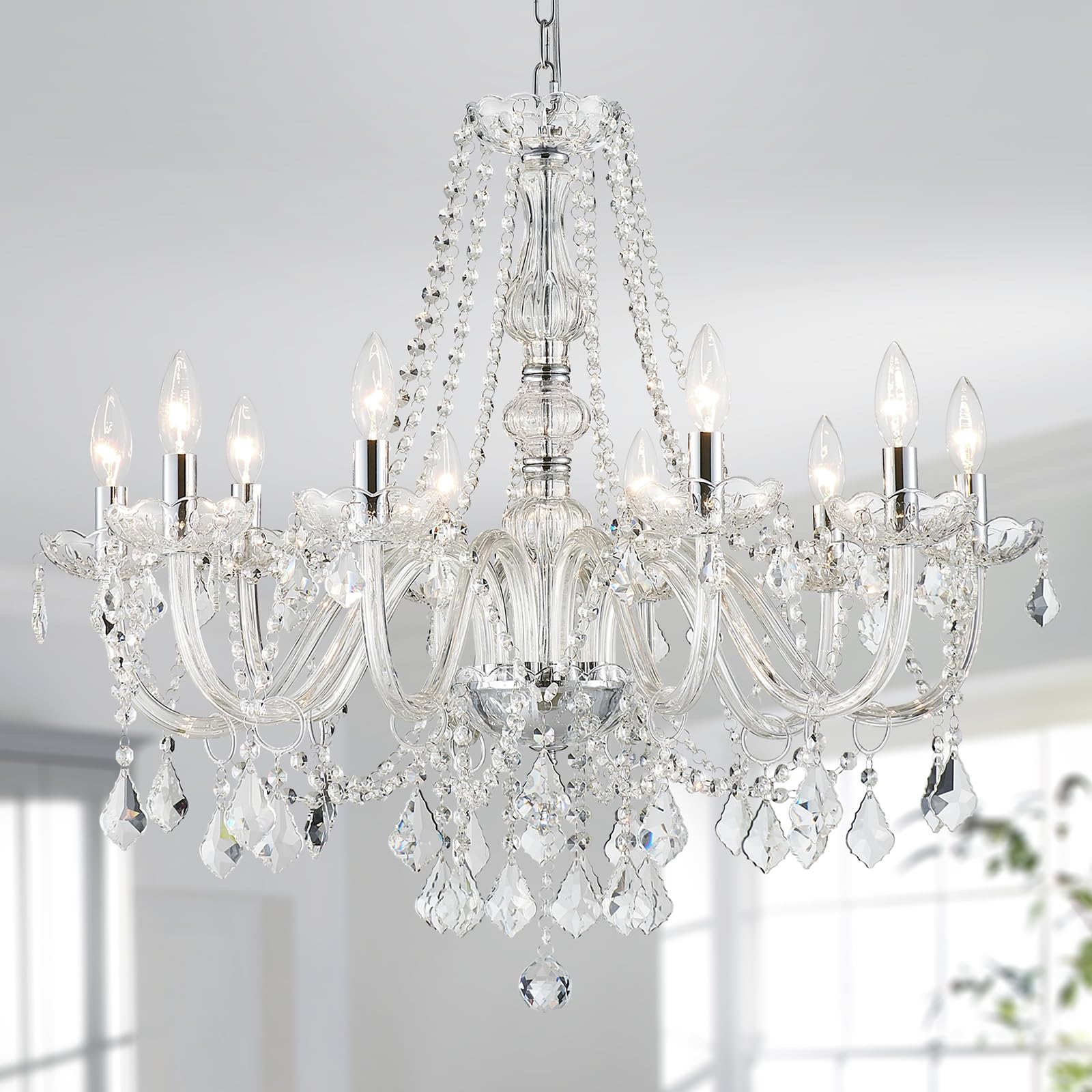 ANJIADENGSHI Large Crystal Chandelier, 10-Lights, Chrome, 30.3in H