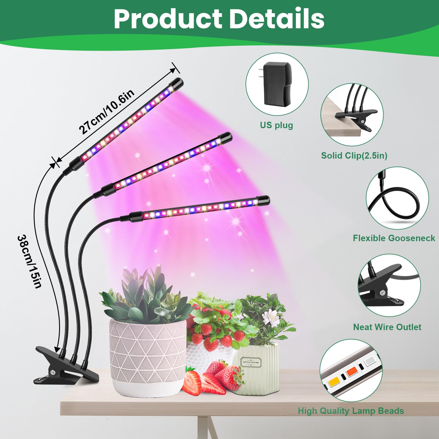 Garpsen Plant Lights, 3 Heads Red Blue Warm White Full Spectrum Grow Lights For Indoor Plants, 60 Leds Led Grow Light For Seed Starting, With Auto On/Off 6/12/16H Timer, 5 Dimmable Levels