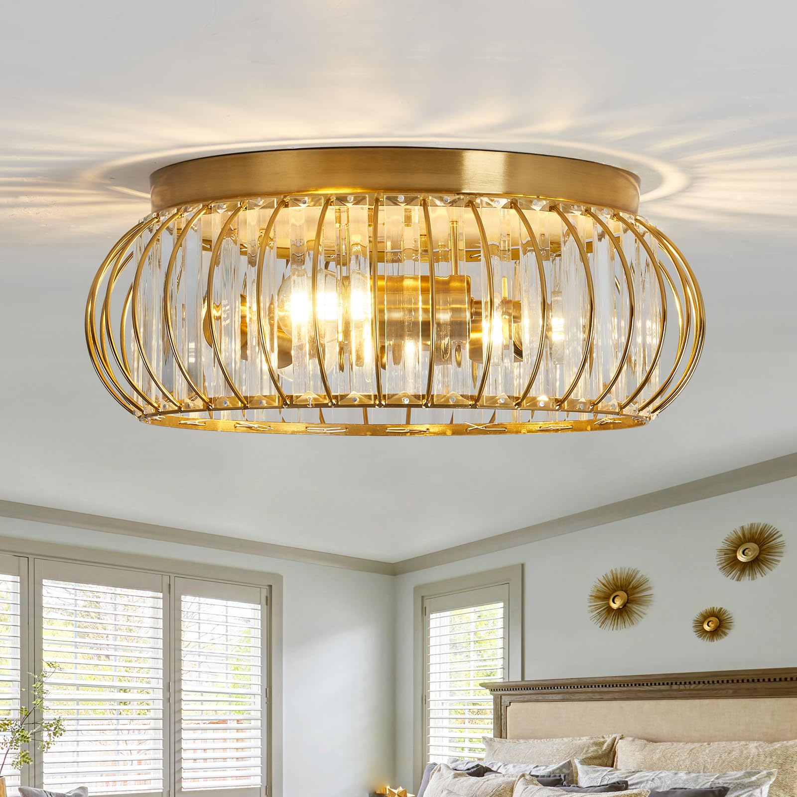 Yyjlx Gold Crystal Flush Mount Ceiling Light Fixture - Modern 3-Light Chandelier For Home