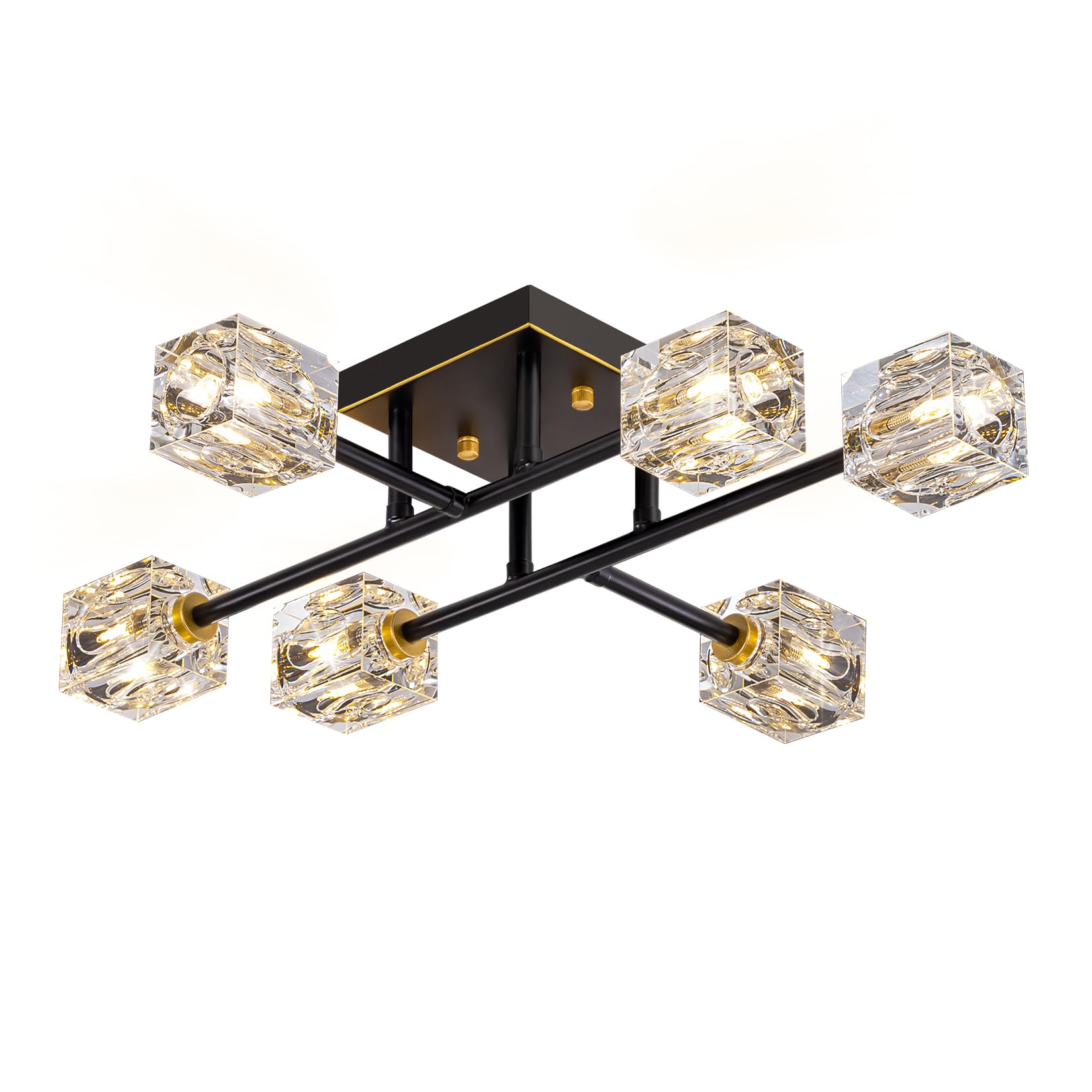 Semi Flush Mount Ceiling Light Fixture 6-Light Modern Crystal Chandeliers Black And Gold Farmhouse Lighting Fixtures For Dining Room Living Room Kitchen Bedroom Entryway