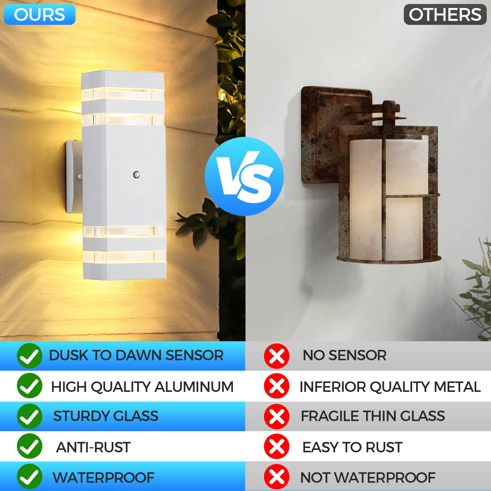 Dariisi Dusk To Dawn Outdoor Wall Lights 2 Pack, Up And Down Porch Lights Outdoor White Wall Light Fixture, Waterproof Exterior