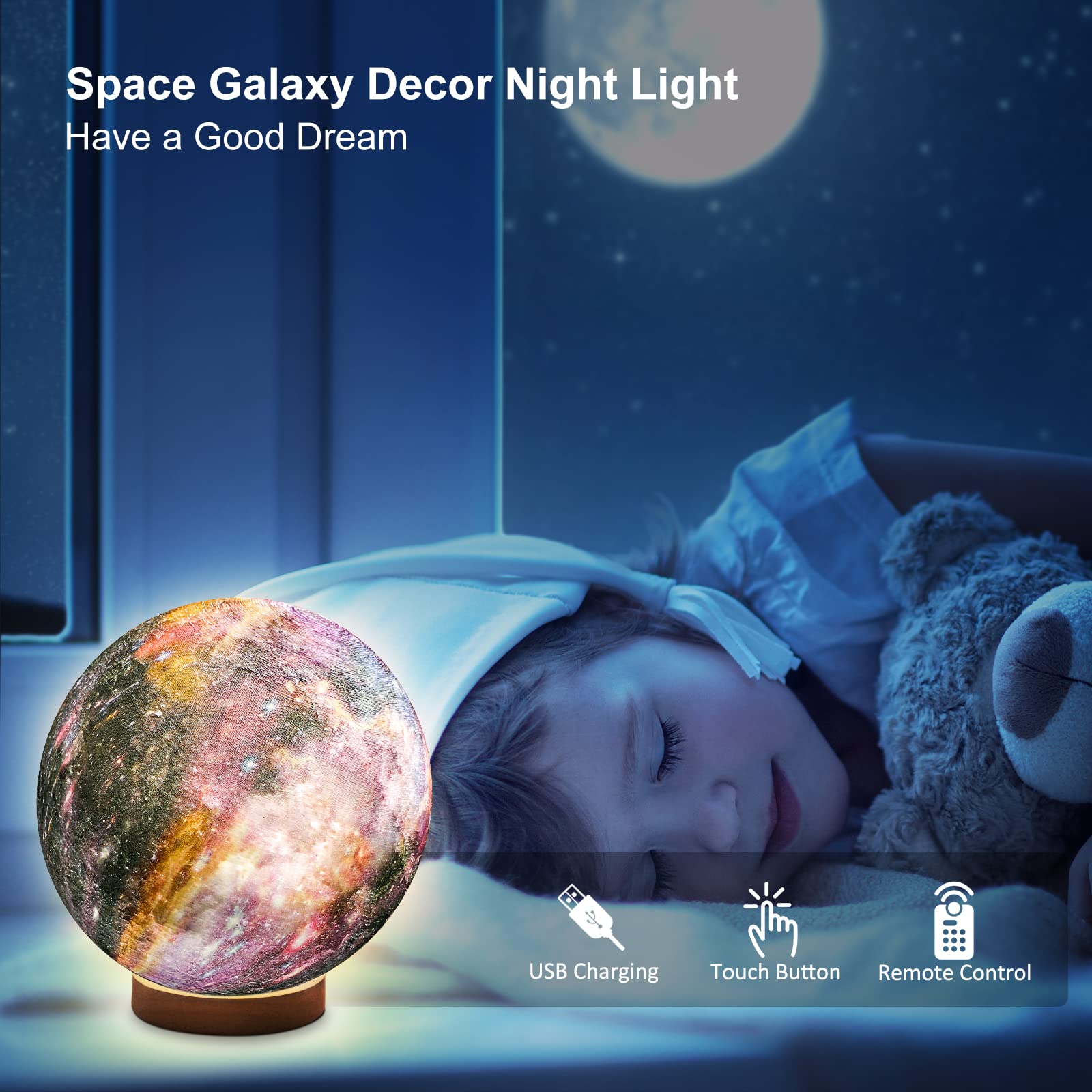 Uooea 3D Galaxy Ball Moon Lamp - 16 Colors Moonlight Globe Luna Night Light With Stand Remote & Touch Control Night Light Bedroo