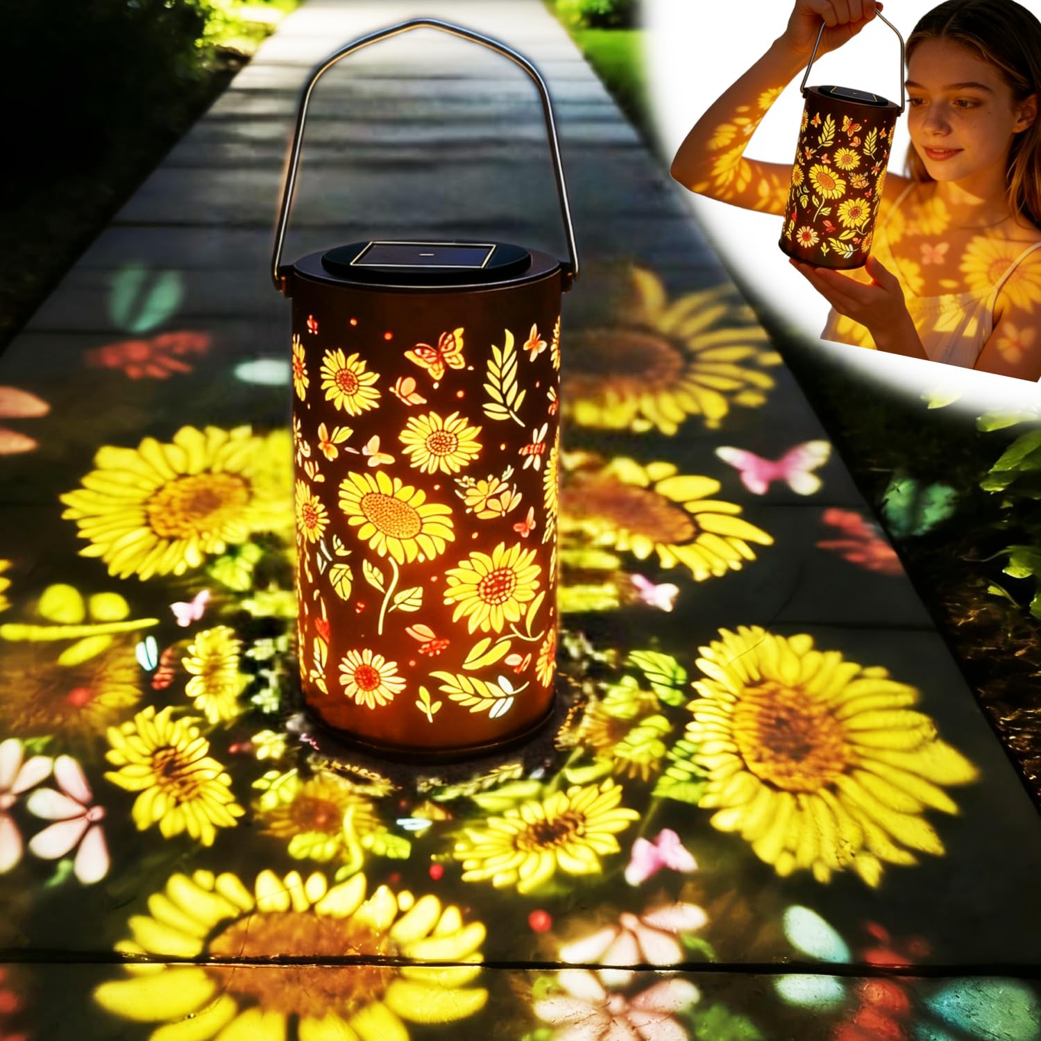 Colorful Sunflower Solar Lanterns,Outdoor Waterproof Hanging Hollow Projection Garden Light,Vintage Metal Decorative Lamp for Pa