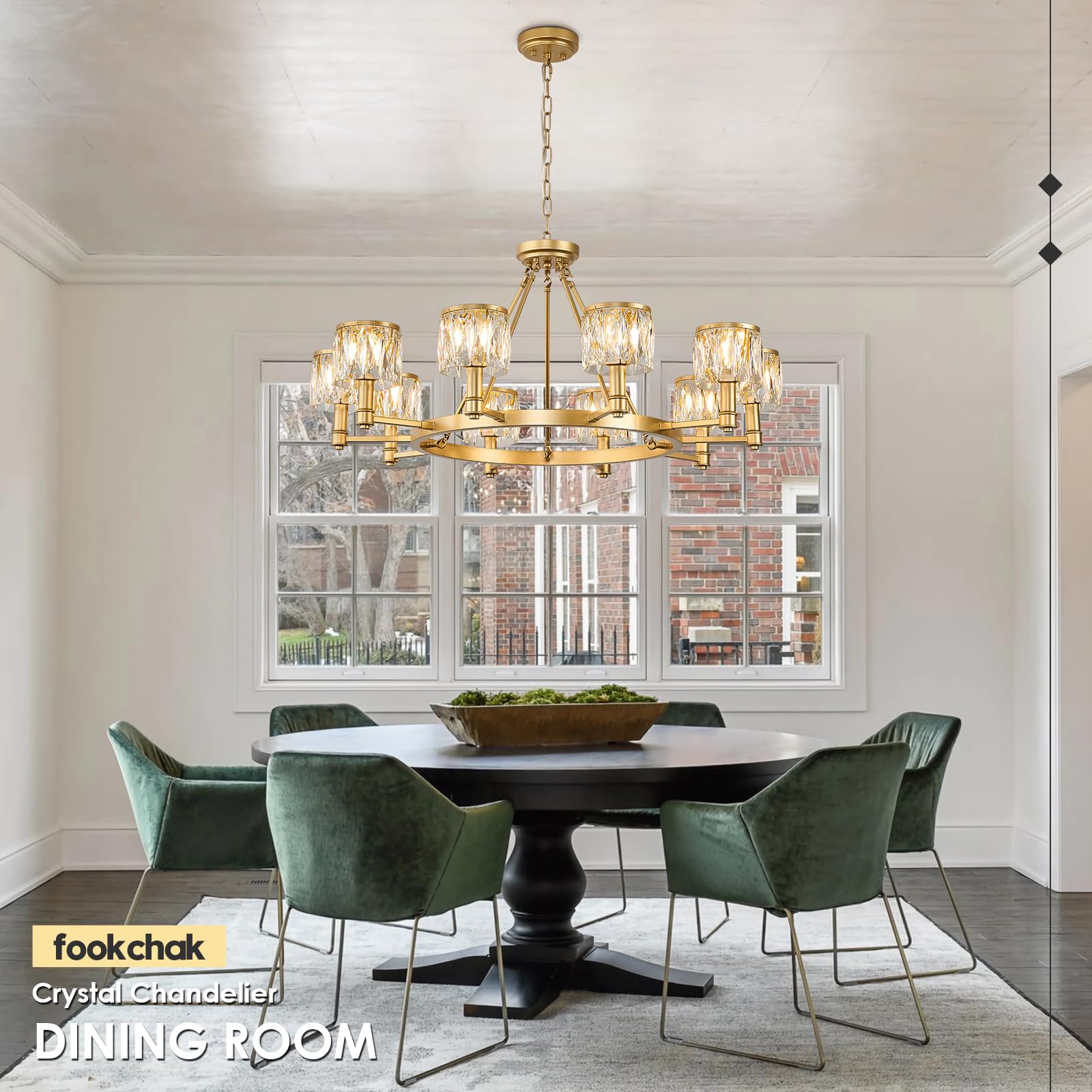 FookChak 10-Light Crystal Glass Chandelier, 38in Gold Modern Fixture for Dining Room, Foyer, Bedroom
