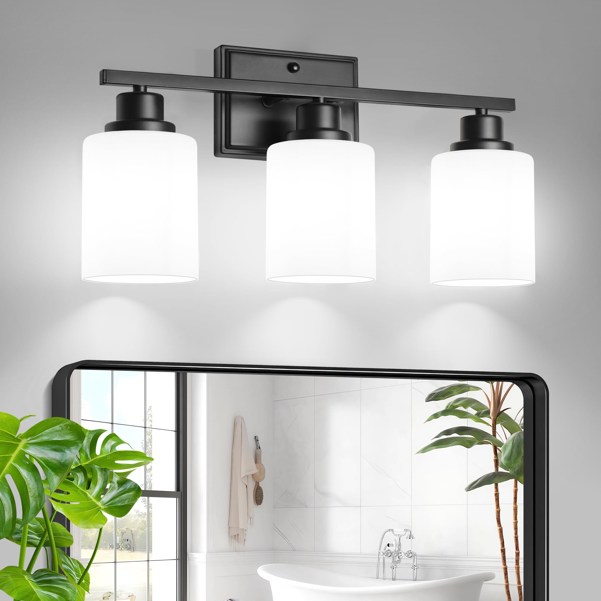 Unicozin 3-Light Bathroom Light Fixtures  Modern Black Vanity Light Over Mirror  Wall Sconces with Milky White Glass Shades for Living Room Bedroom Hallway E26 Base
