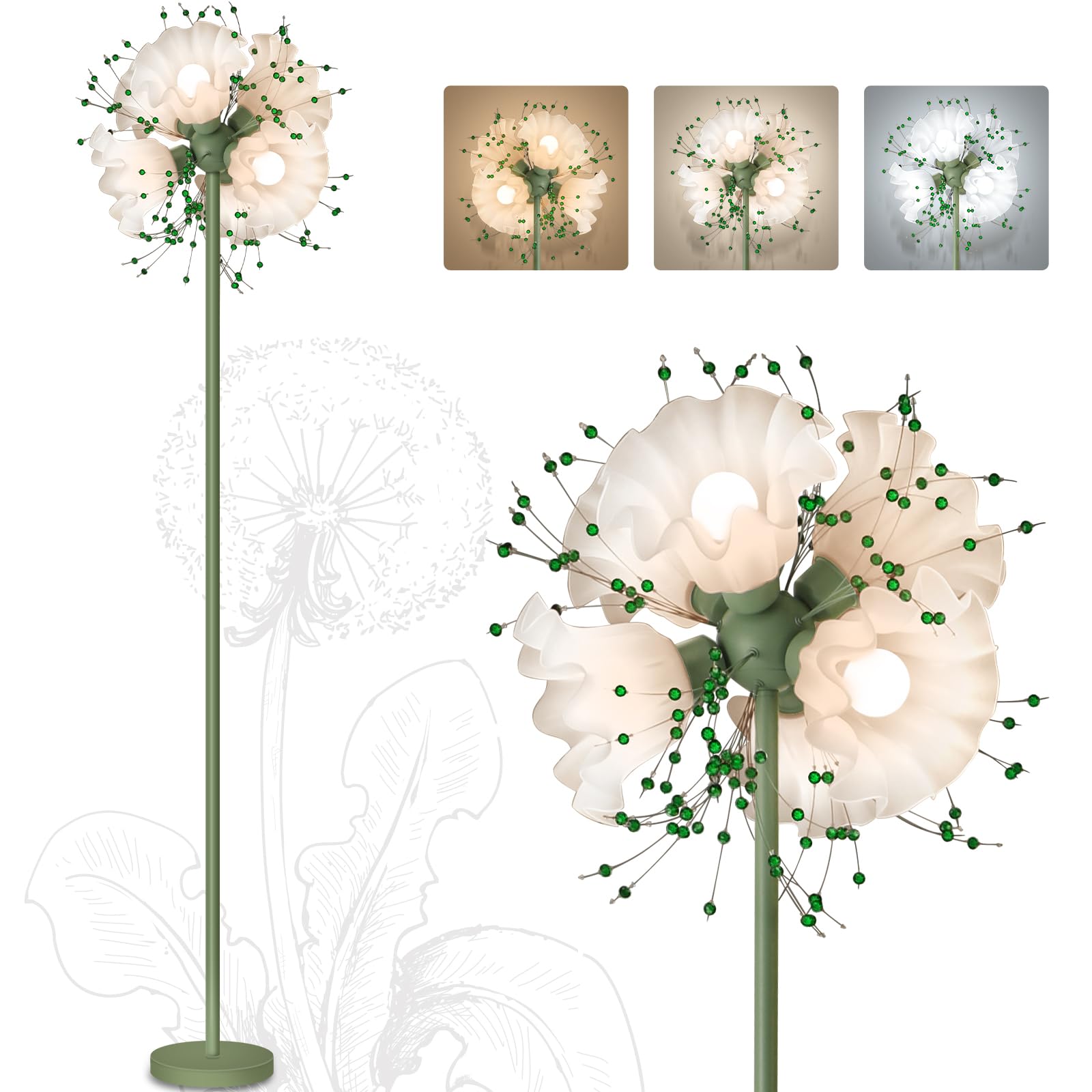 Fuzzbopn Flower Floor Lamp for Living Room, Tall Crystal Floor Lamp with 6 LED Blubs, Green Floral Floor Lamps with 3 Color Temp