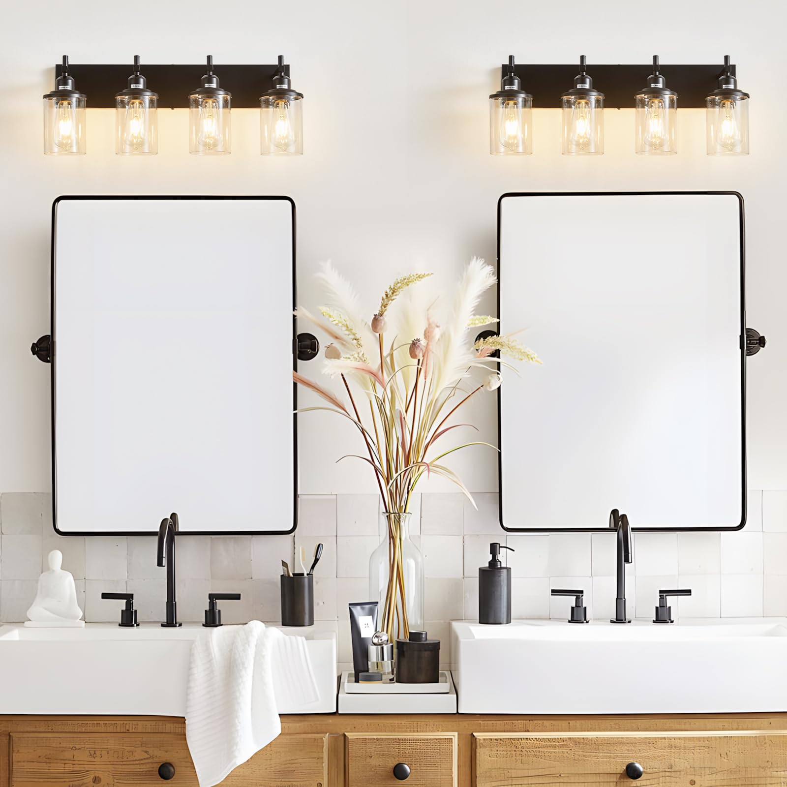 Lanhall 4-Light Black Bathroom Light Fixture Over Mirror Modern Farmhouse Bathroom Vanity Light Vintage Wall Lighting With Clear