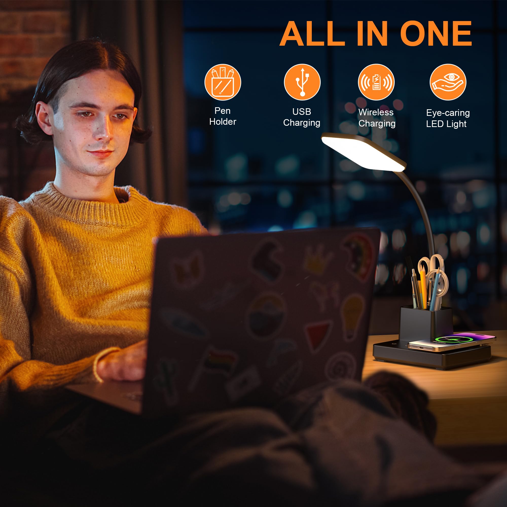 Sailstar Desk Lamp with Wireless Charger & USB Port, Dimmable LED, Medium, Matte Black, Model CP-TD-FX-G-001