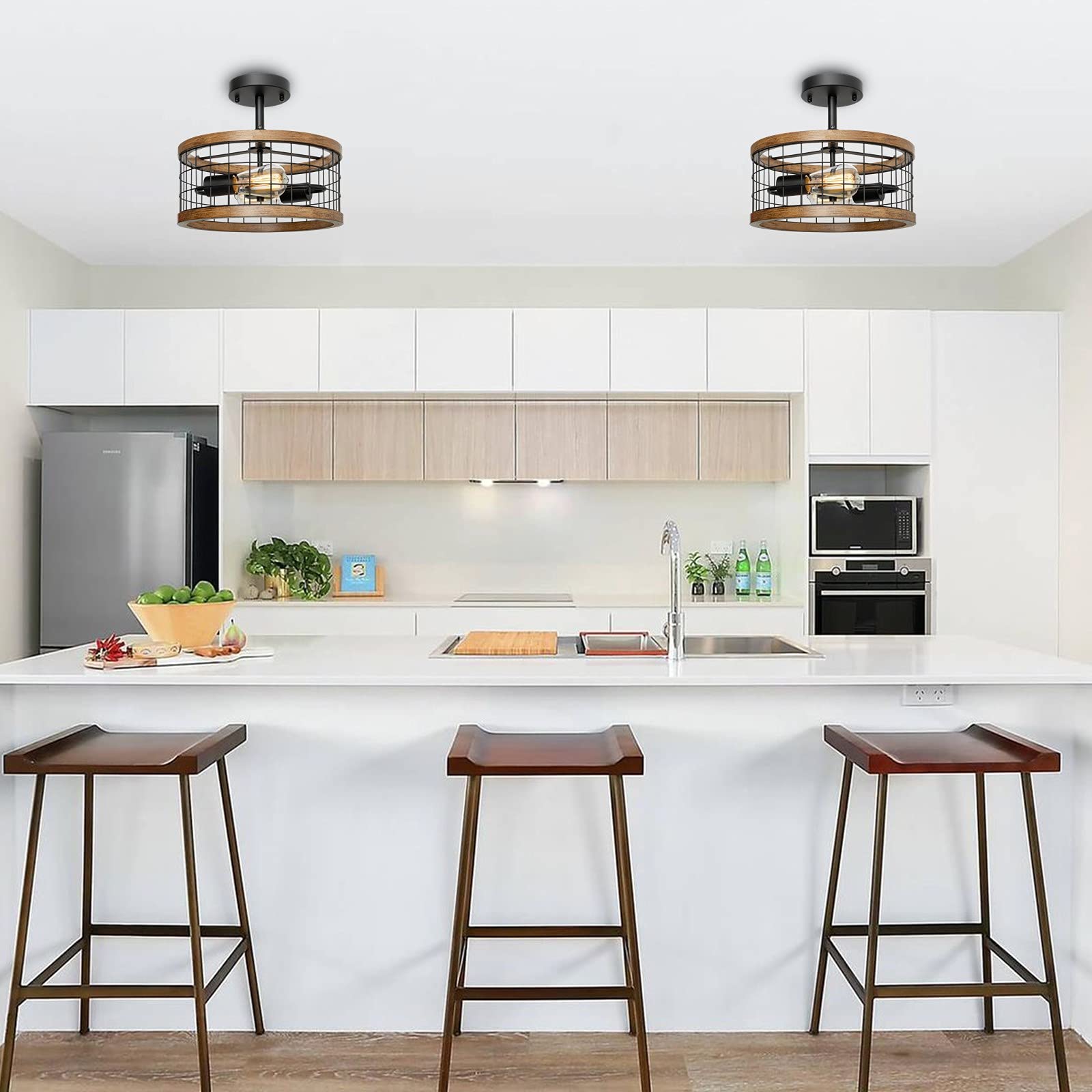 2-Light Farmhouse Semi Flush Mount Ceiling Light Fixture, Rustic Drum Wood Ceiling Lamp For Hallway Kitchen Entryway Foyer Bedro