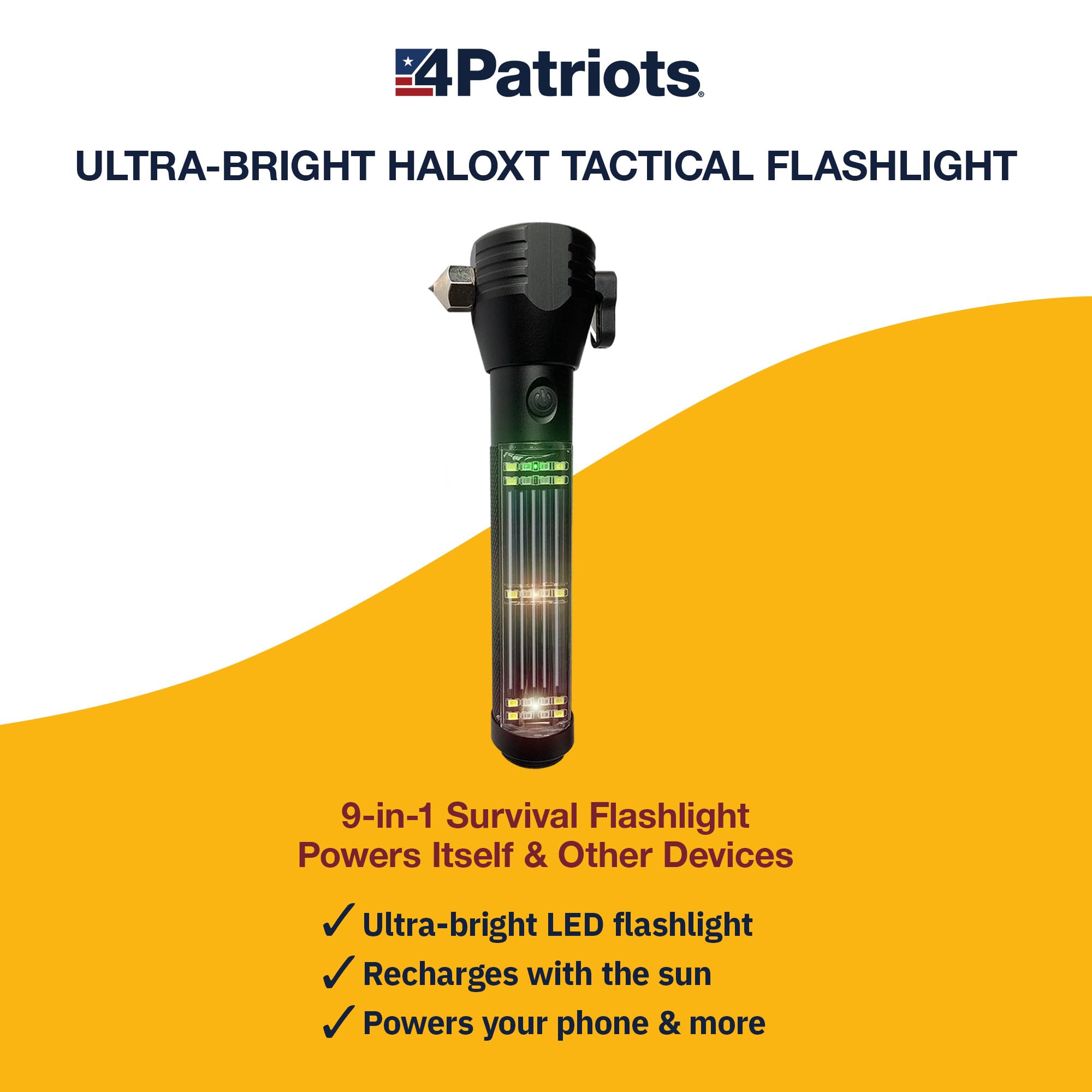 4Patriots HaloXT Solar Tactical Flashlight - Multi-Functional, Power Bank, 4-Pack, Black, Model 593
