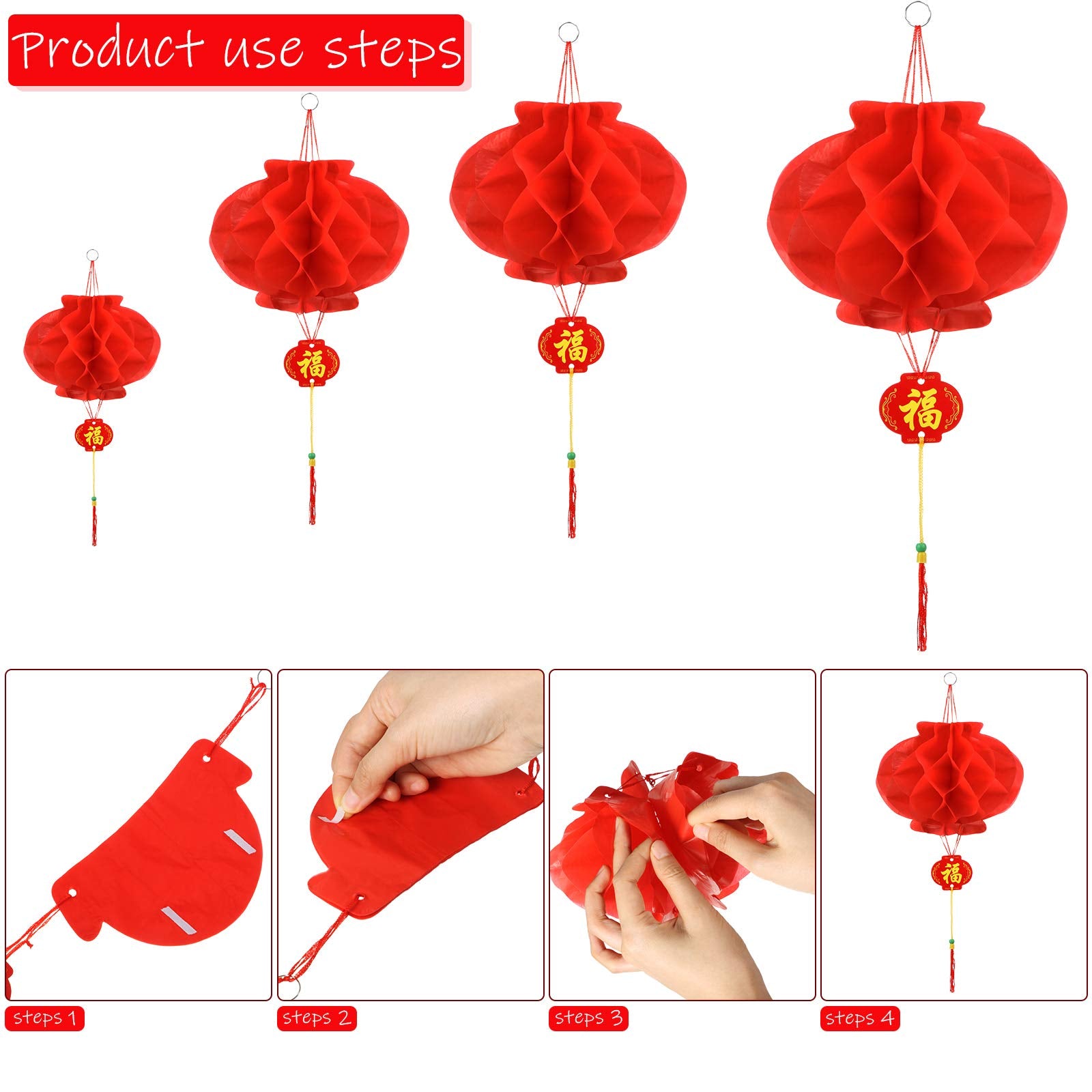 Zonon 47 Pcs Chinese New Year Decorations 2025, Lunar New Year Paper Includes Fu Character Window Stickers Red Hanging Lanterns