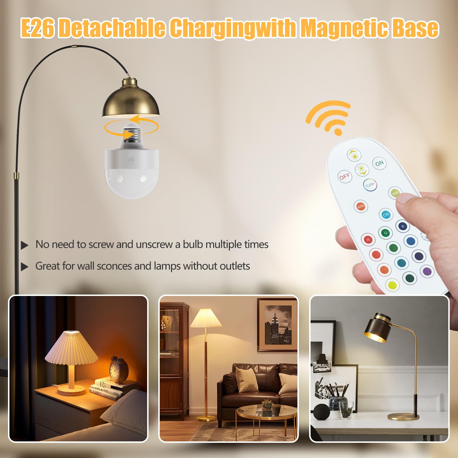 MXhme E26 Rechargeable Light Bulb with Remote & Timer, 3 Color Temps + 12 RGB, Battery Operated, Model RGBWW039, White