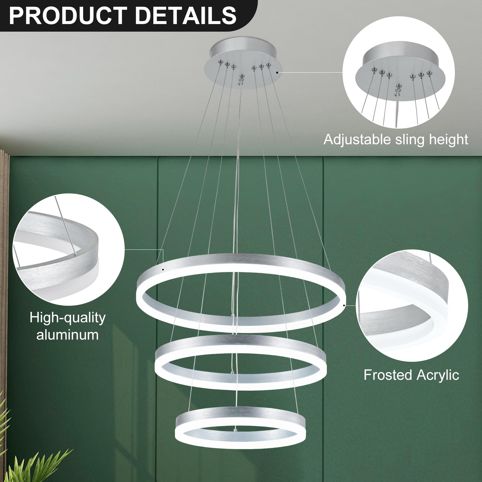 Buccleuch 3-Ring LED Chandelier - Dimmable, Height Adjustable, Silver Pendant Light for Dining Room, Living Room, Bedroom, Foyer, 6500K