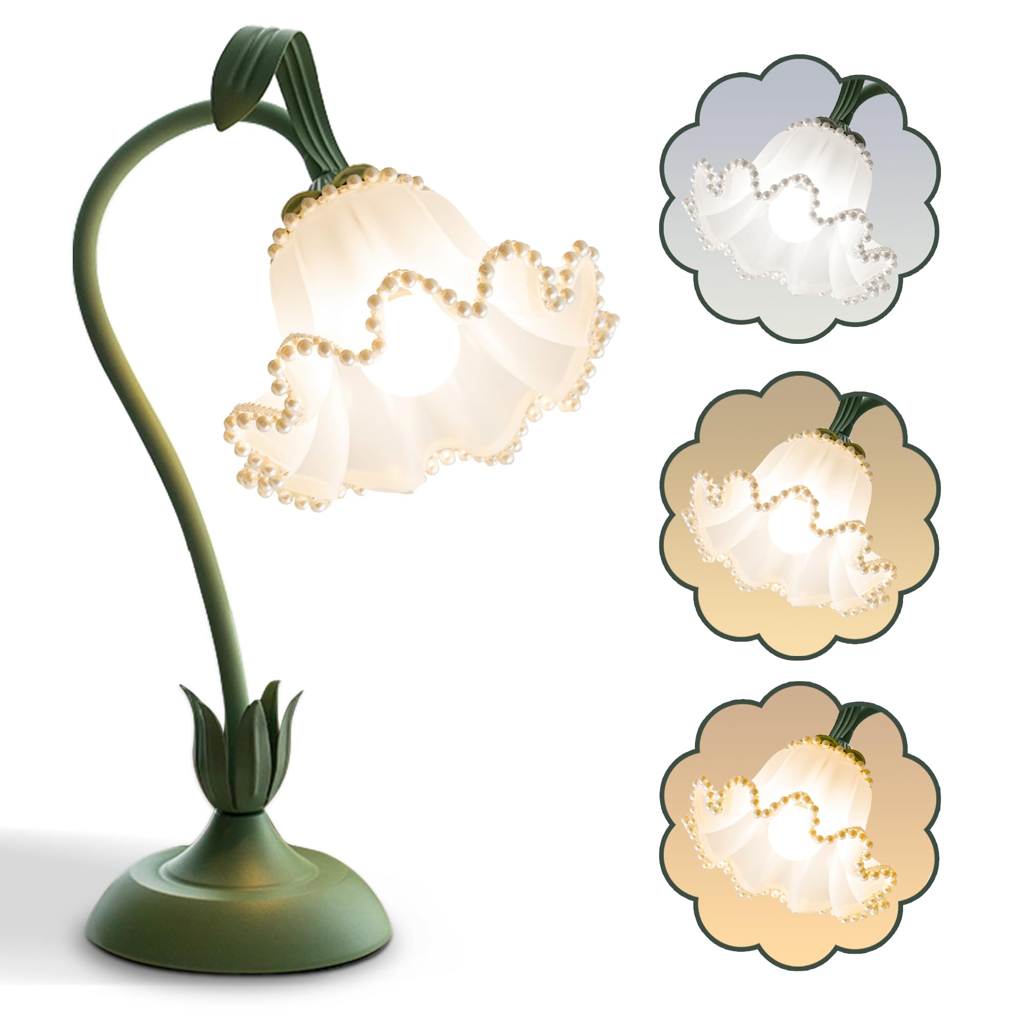 AQDZCNF Flower Table Lamp, LED Night Light, Vintage Style, Acrylic, Green Pearls, Model MN-QBKR-AEJK-1-2