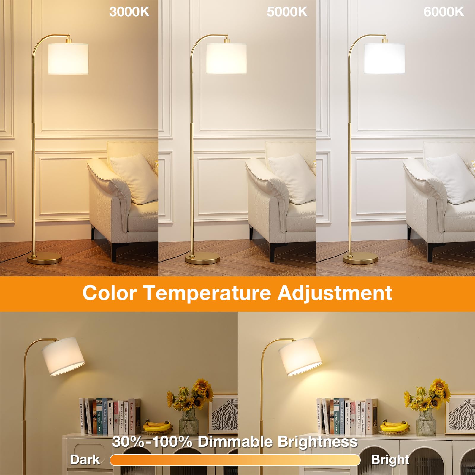 Arc Floor Lamp With Remote And Stepless Dimmable Bulb, Colors Temperature & Brightness Adjustable, Gold Floor Lamps For Living R