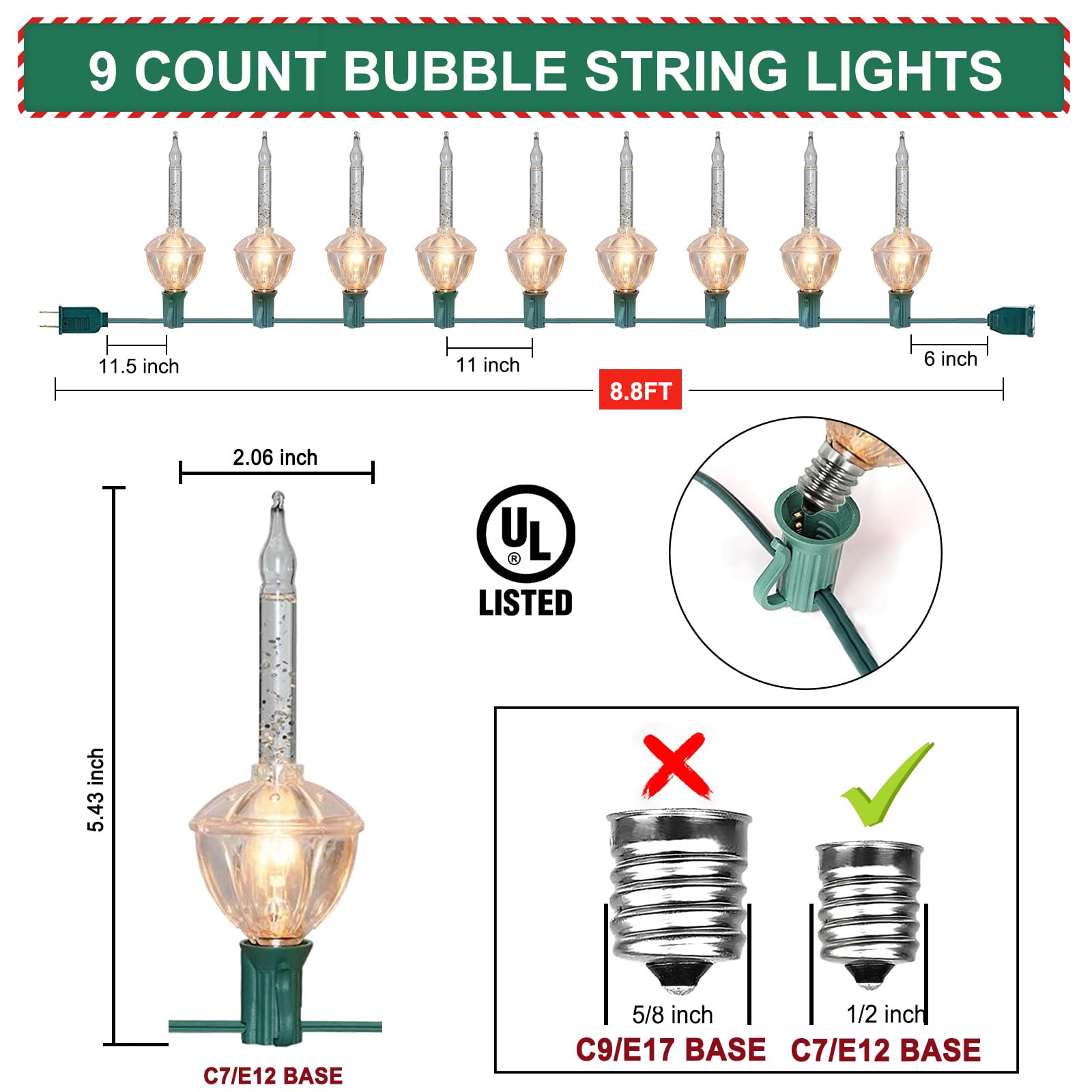 Christmas Bubble Lights Silver Glitter String Lights With 10 Bulbs (1 Spare Bulbs),9Ft Bubble Lights With C7/E12 Base, Traditional Christmas Lighting For Christmas Tree Xmas Party Holiday Decor