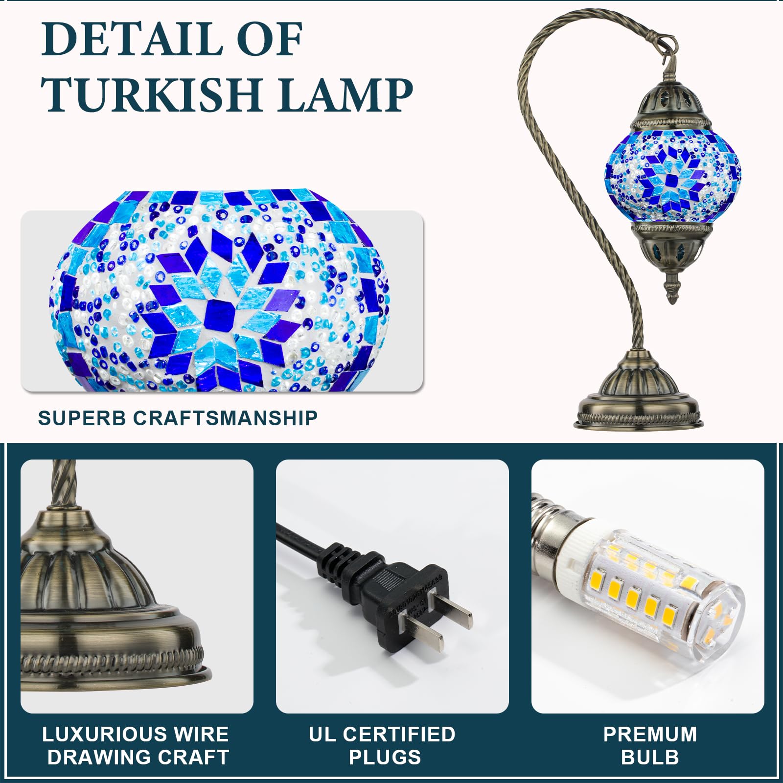 Marrakech Turkish Mosaic Glass Table Lamp with Swan Neck Bronze Base, LED Bulb, 408gb, Mosaic Blue, Model YMA403-N1-Swan-Blue