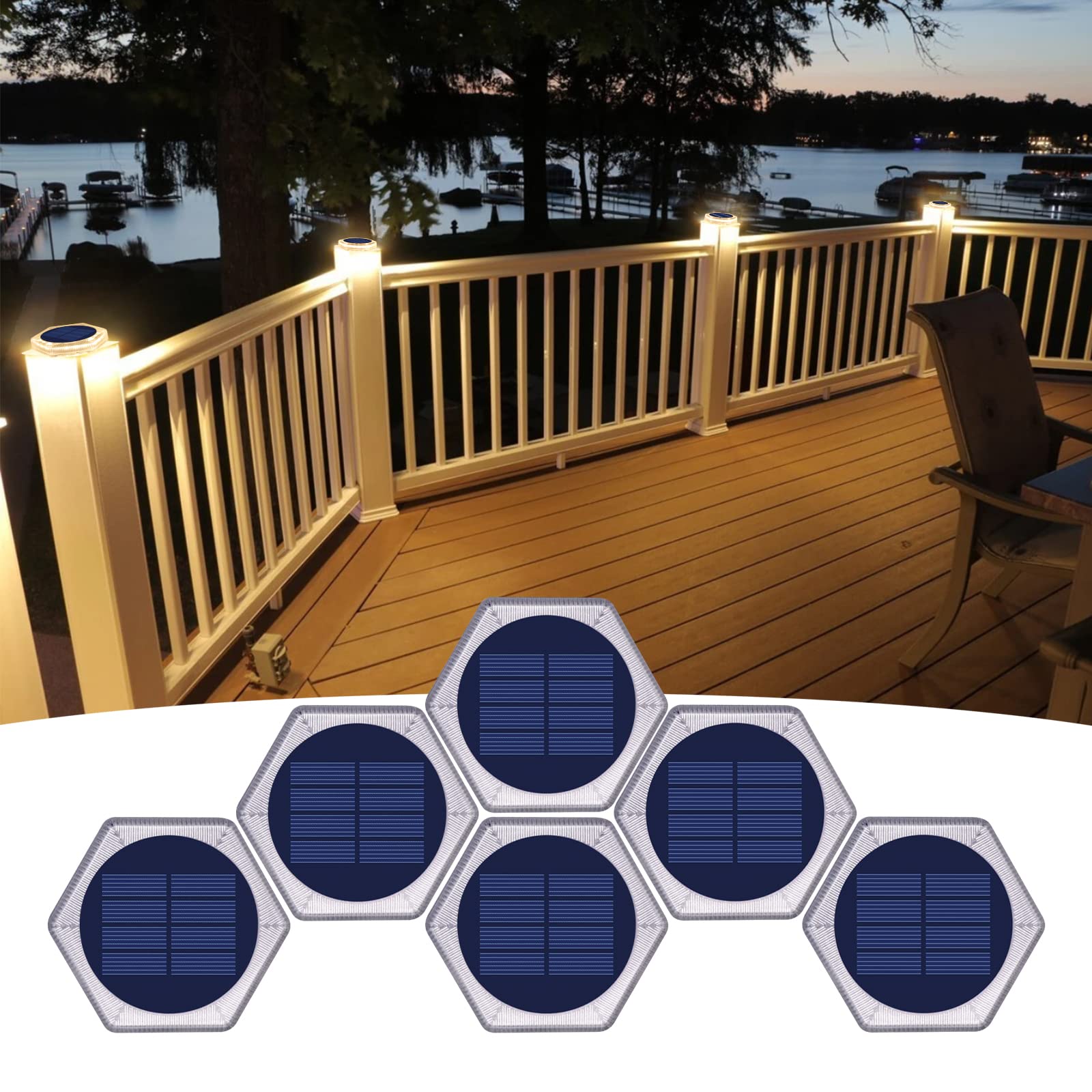YiLaie Solar Deck Lights Dock Lights 6 Packs Hexagon Warm White Solar Step Lights Outdoor Waterproof Solar Powered Lights for Dr