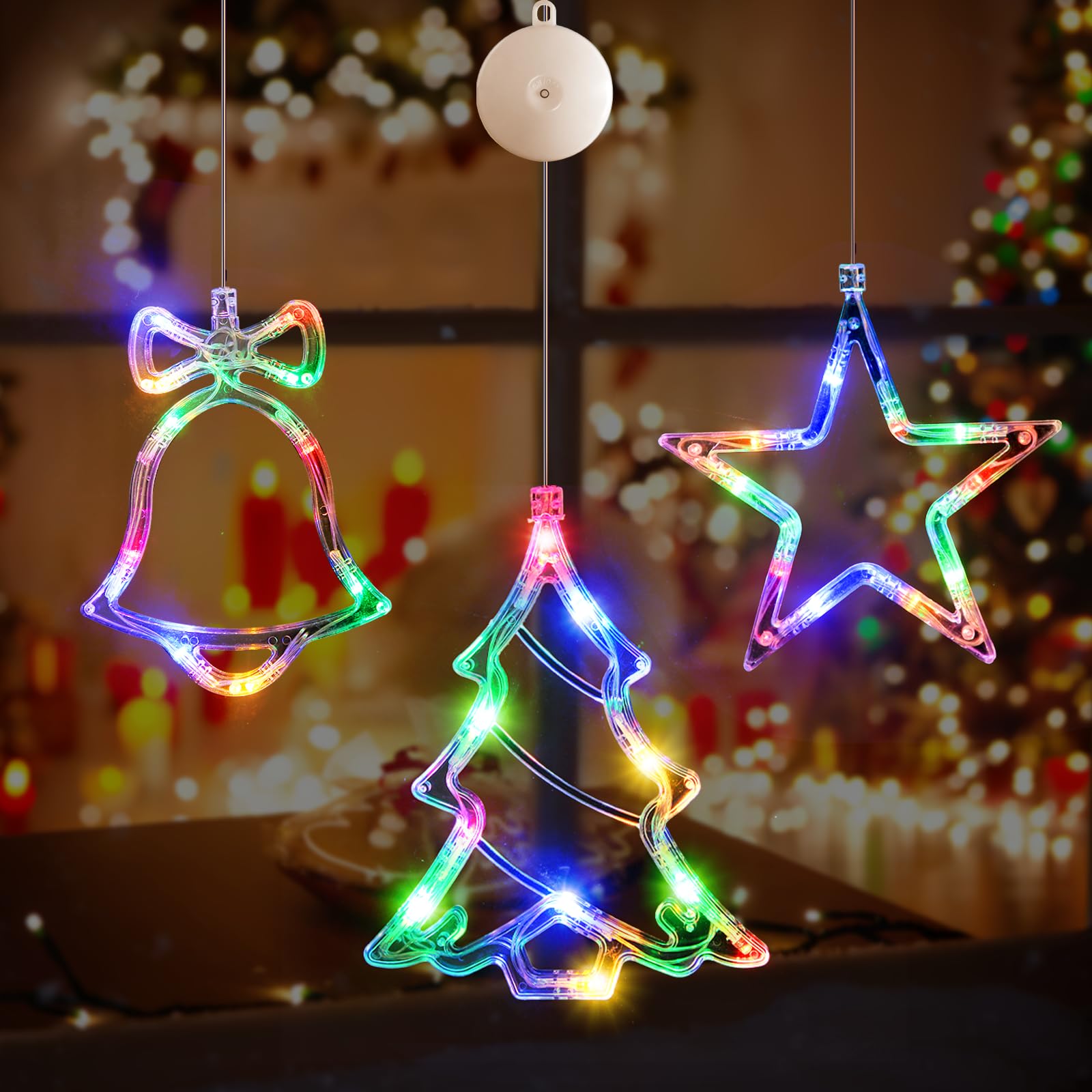 LYUBASA [Timer] 3Pcs Christmas Window Lights Decorations,Battery Powered Christmas Window Hanging Multicolor Lighted Tree Bell Star Shaped LED Sucker for Xmas Tree Fireplace Window Indoor Decor