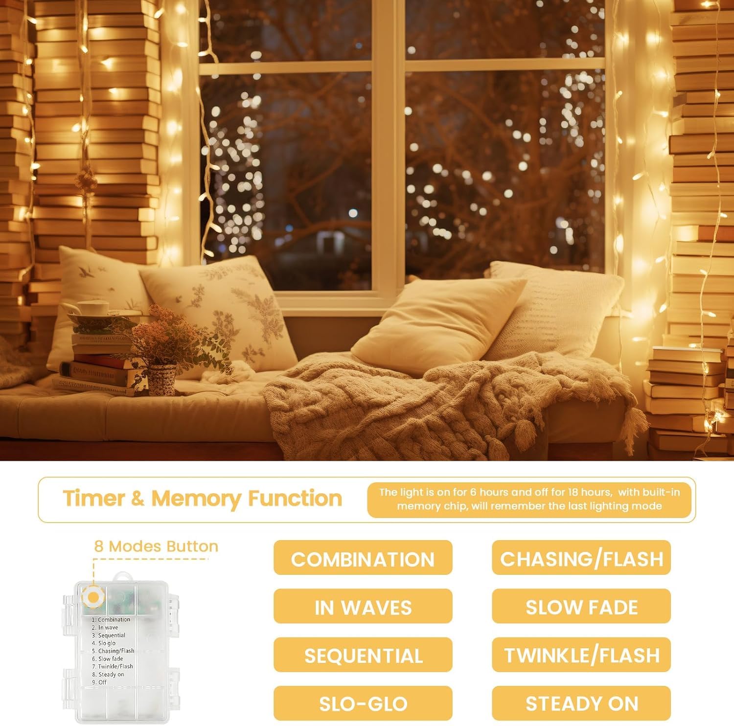BOSSERN 4 Pack Christmas String Lights, 400 LED Warm White Fairy Lights, Battery Operated with Timer, 132FT for Indoor/Outdoor Decor