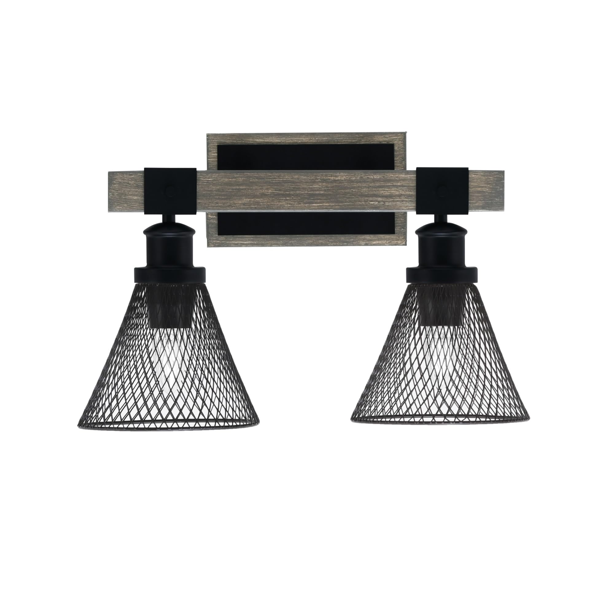 Toltec Lighting Tacoma 2 Light Bath Bar, Matte Black & Distressed Wood-Look Metal, 7in Cone Mesh Shades