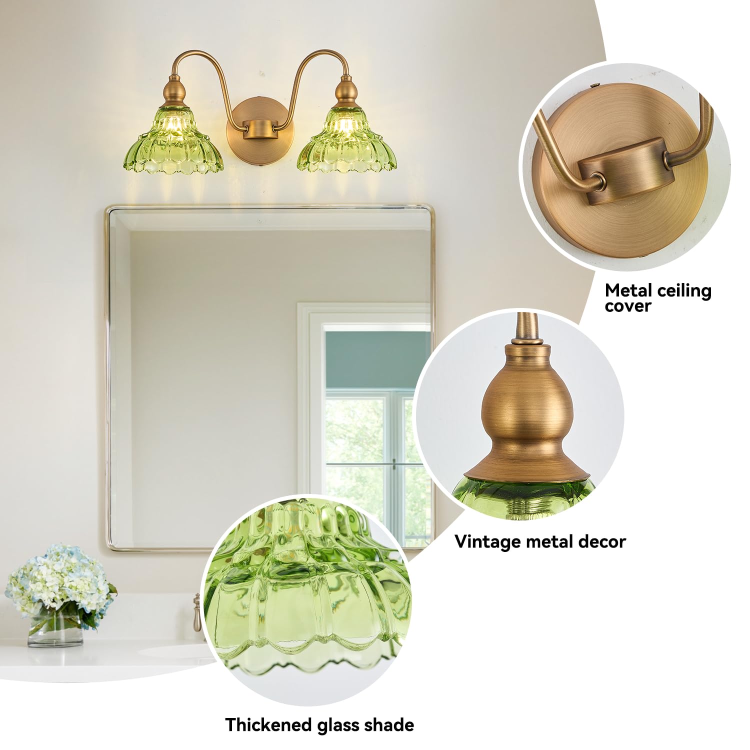 TLOLGT Vintage 2-Light Bathroom Vanity Light, Green Glass Wall Sconces, Model LS178-2, Perfect for Bathroom & Hallway Lighting