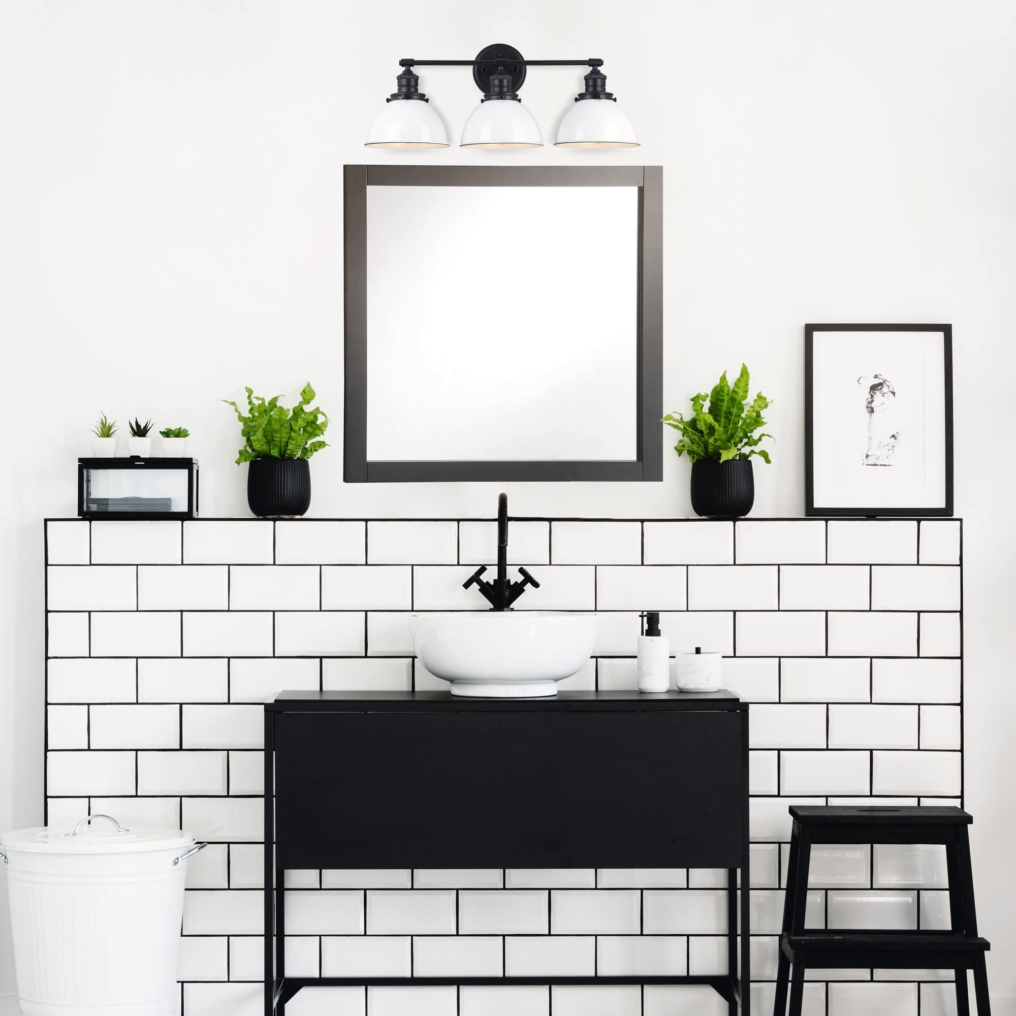 Design House Savannah 3-Light Vanity Light, Matte Black Finish, White Metal Shades, Dimmable, Bathroom Wall Fixture, 588301