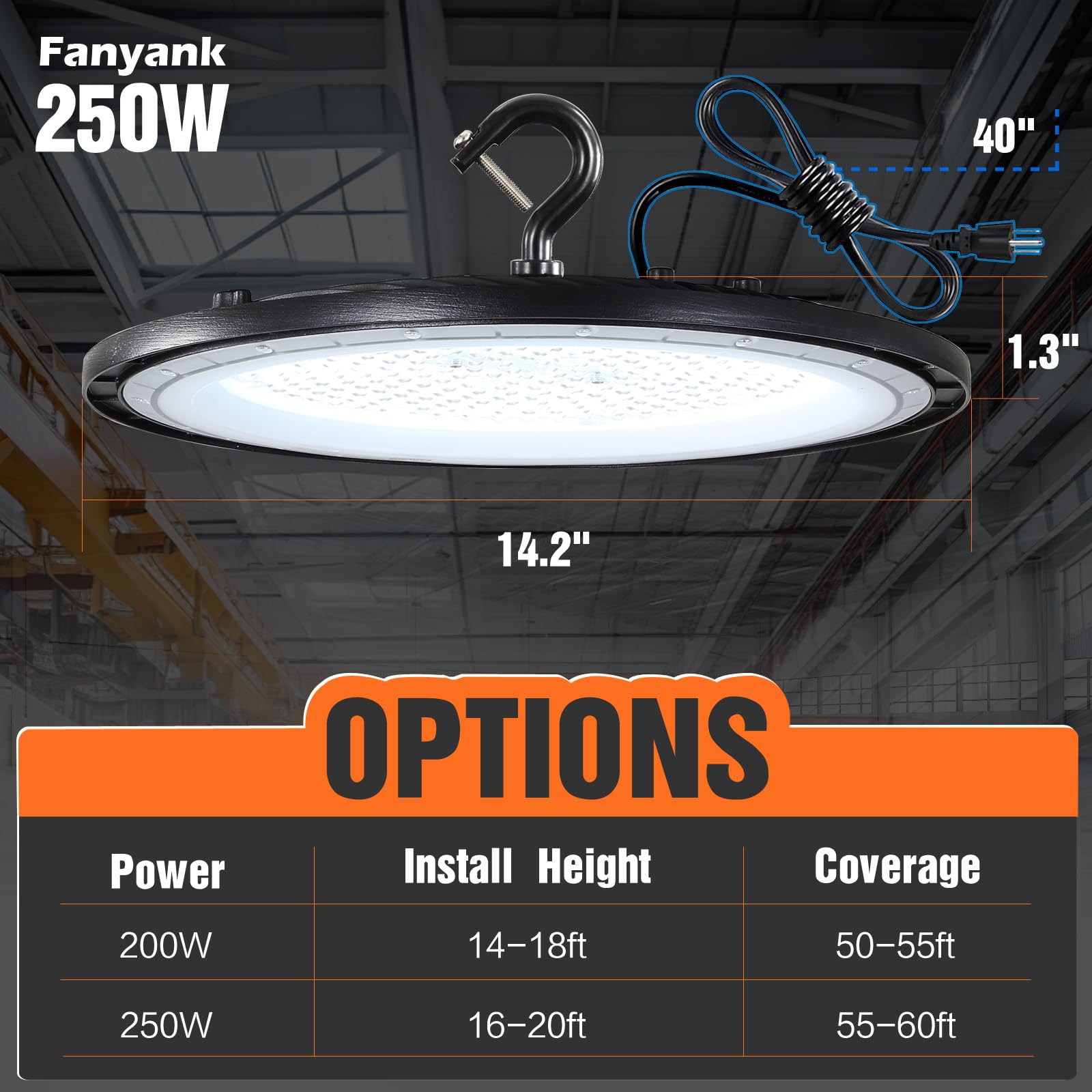 Fanyank UFO LED High Bay Light 250W 2-Pack 35000lm 5000K Daylight Black Iron