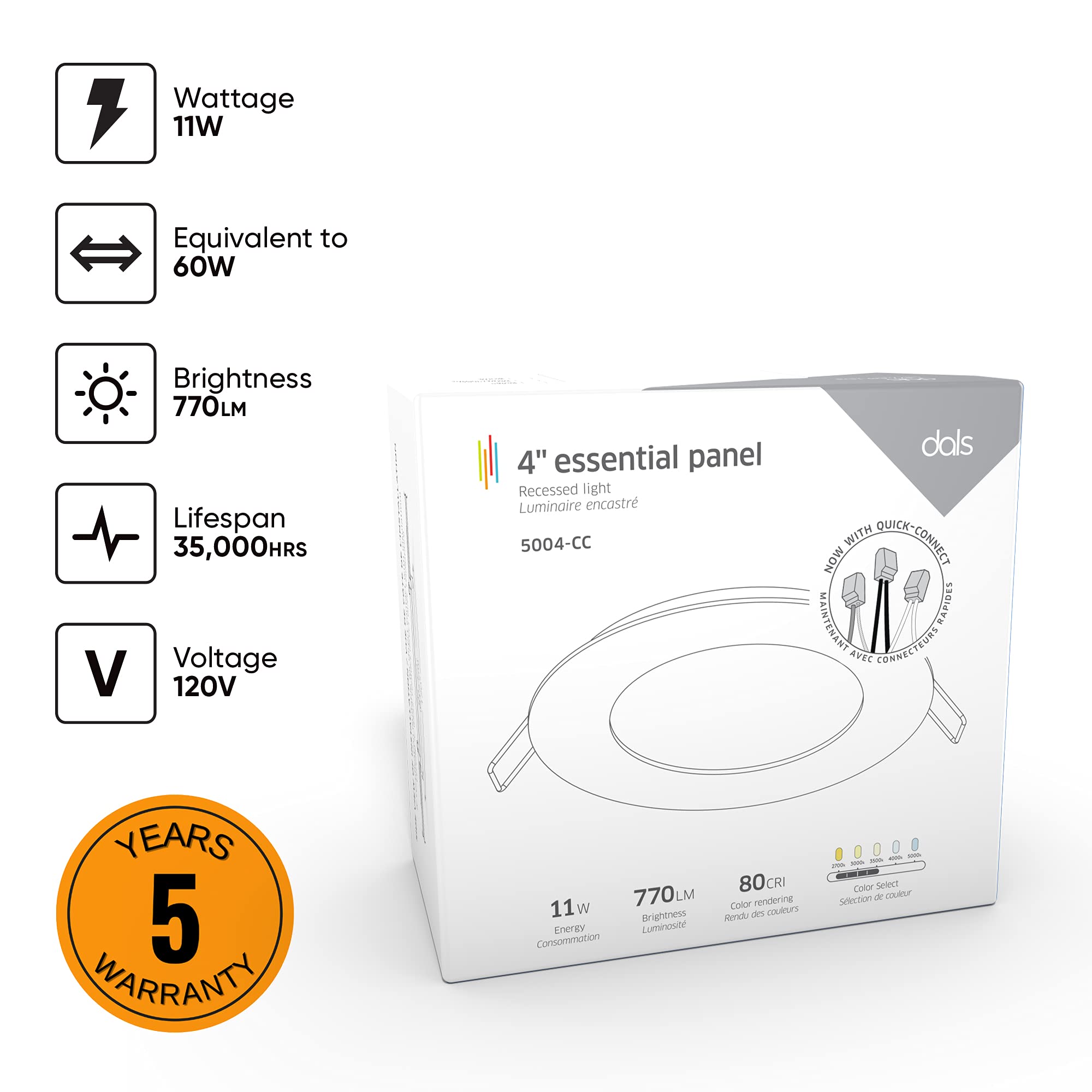 Dals 4 Inch Round Recessed Panel Light With Junction Box/Driver | Cct Color Selectable 2700K, 3000K, 3500K, 4000K, 5000K | 11W,