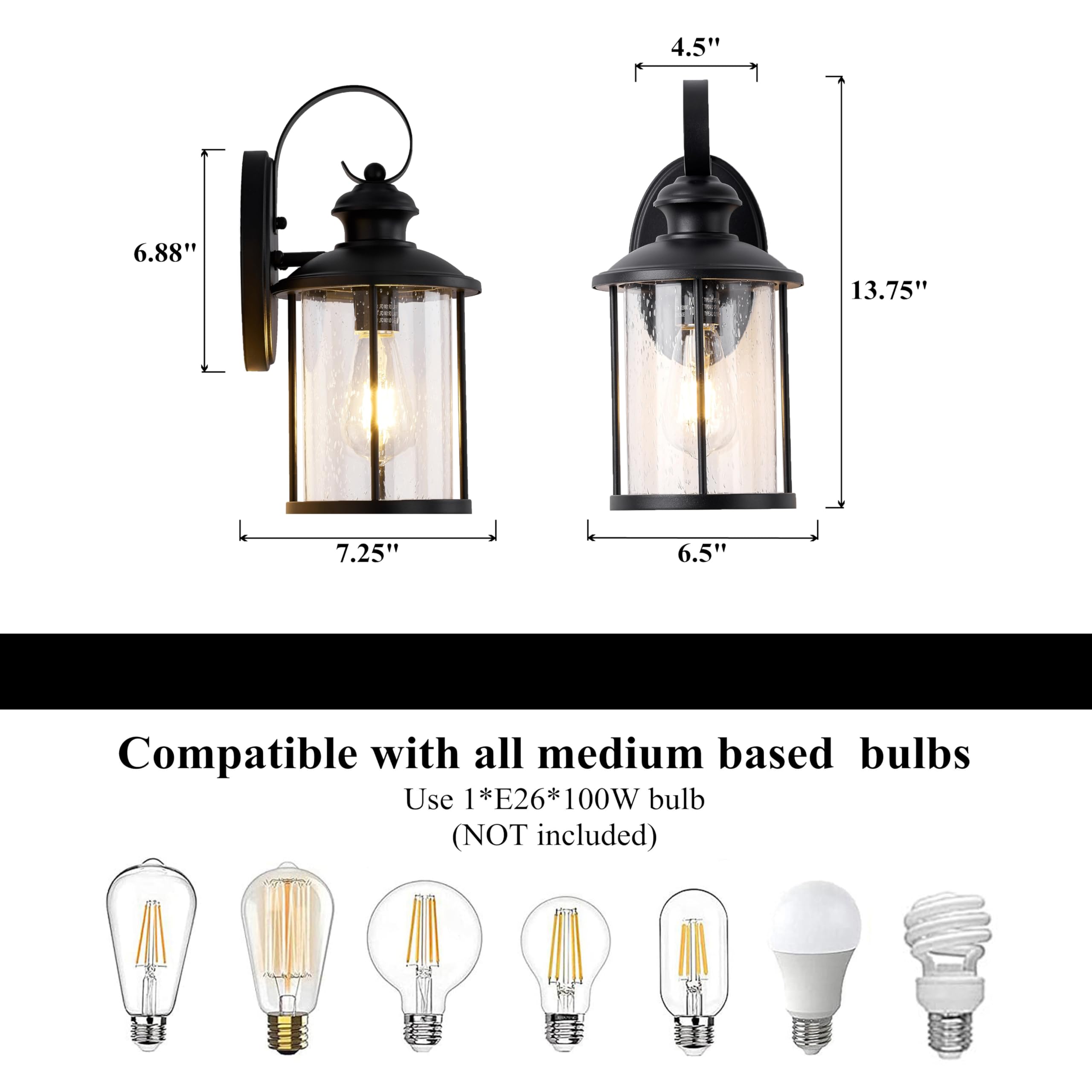 Micsiu Matte Black Outdoor Porch Light Wall Mount, Clear Seedy Glass Exterior Wall Sconce Lighting, 13.75 Inch Outside Light Fxt