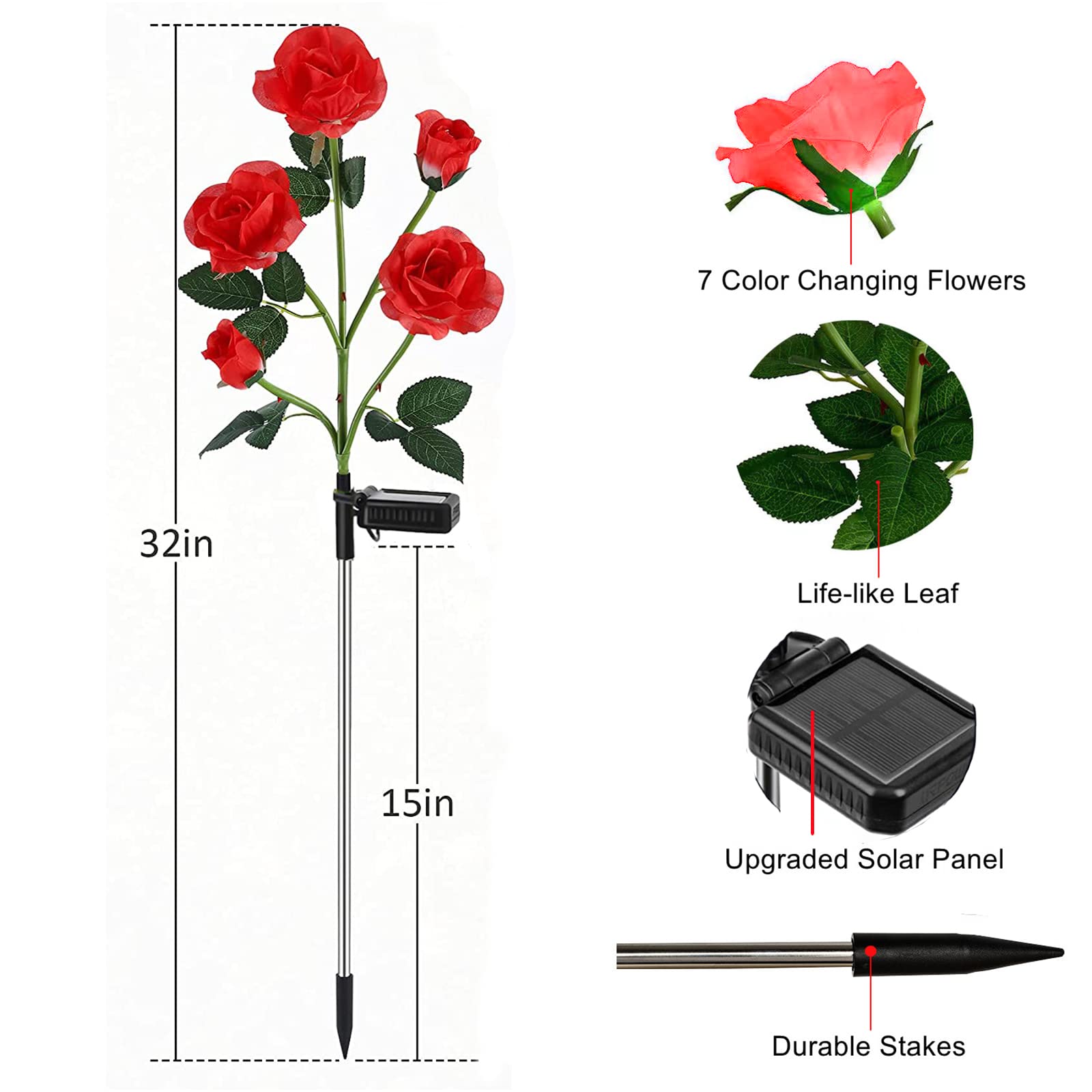 ANGMLN Solar Garden Lights, 2 Pack Red Rose, 10 Head, 7-Color Changing, Waterproof Outdoor Decoration for Garden, Pathway, Patio