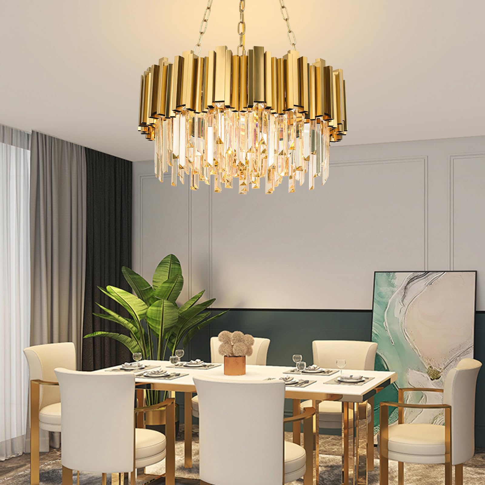AKDXIRUN Modern Crystal Chandelier 9 Lights W22in Gold Metal Pendant Light Fixture for Dining Room, Living Room, Bedroom