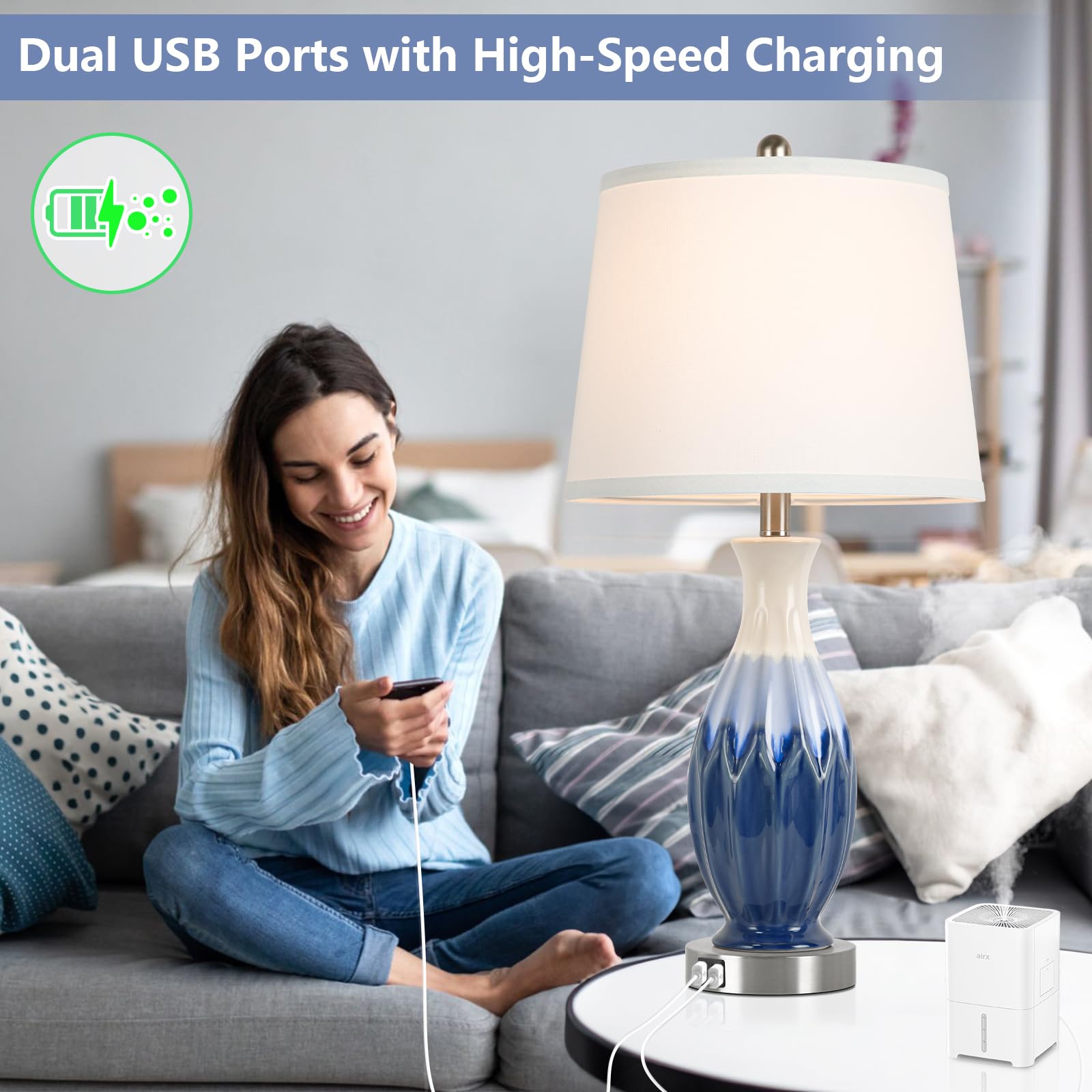Bosceos 28” Tall Table Lamps Set of 2, Navy Blue Ceramic with USB Ports, Coastal Design for Living Room & Bedroom