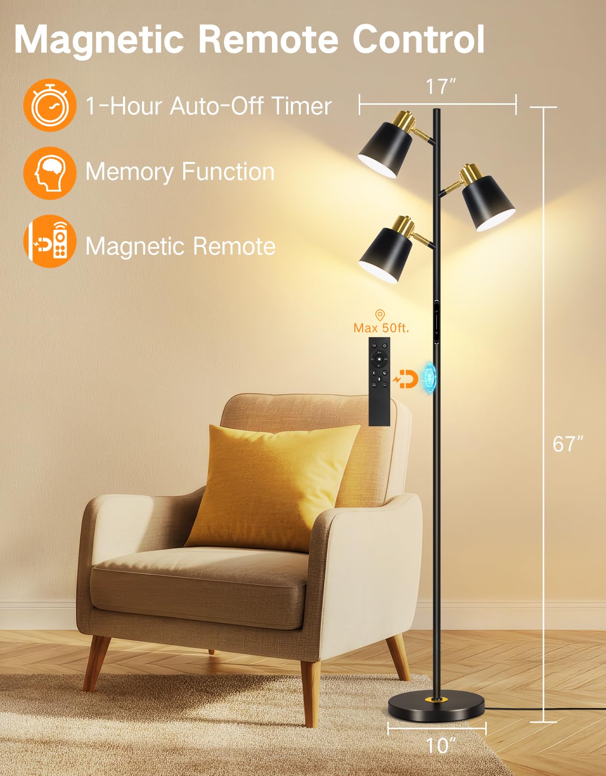 OUTON LED Tree Floor Lamp - Modern Dimmable Standing Lamp with Remote, 4 Color Temps, 3 Rotatable Lights, Black & Gold
