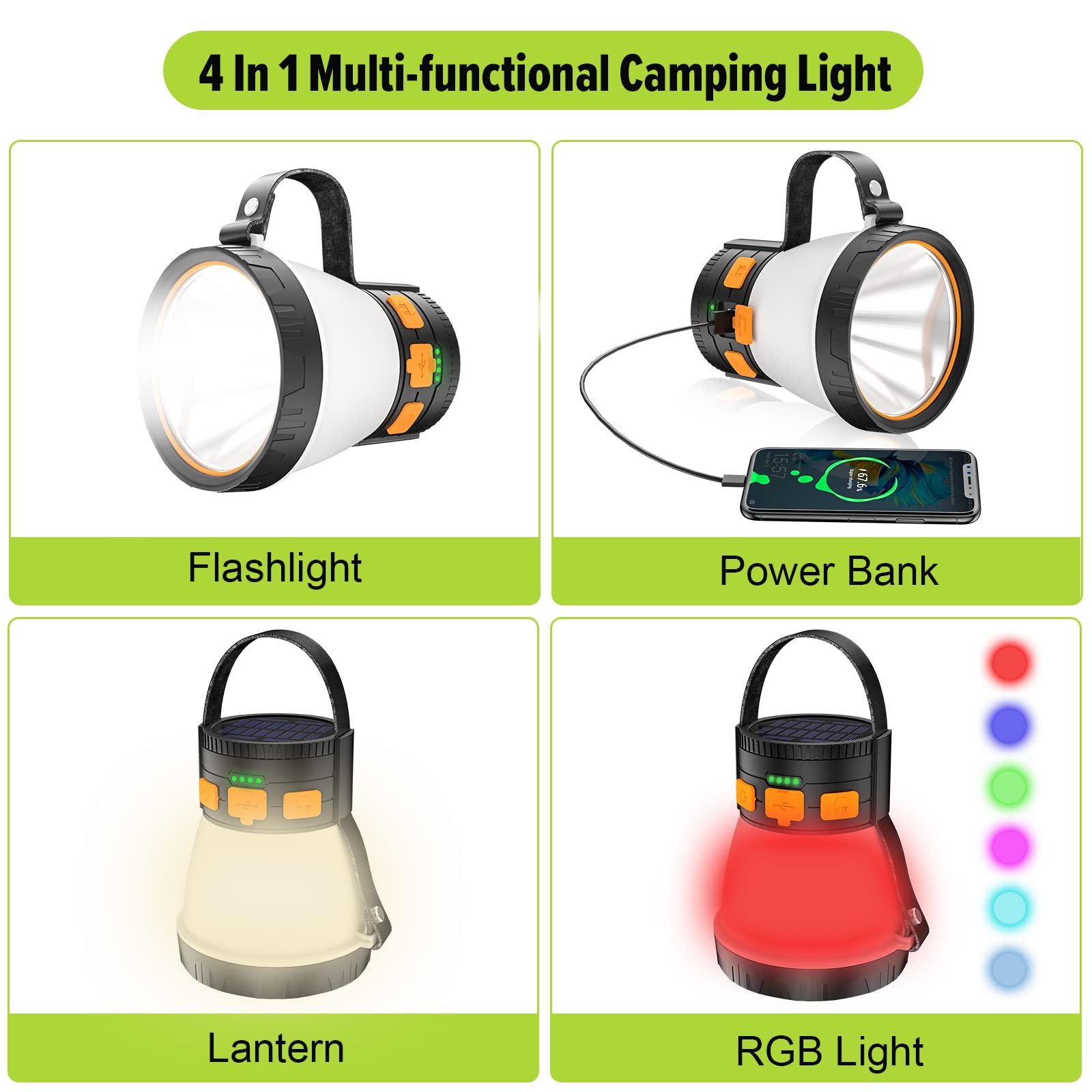 iToncs LED Camping Lantern - 1500 Lumens, 7500mAh Power Bank, Waterproof, 8 Light Modes, Orange & Black