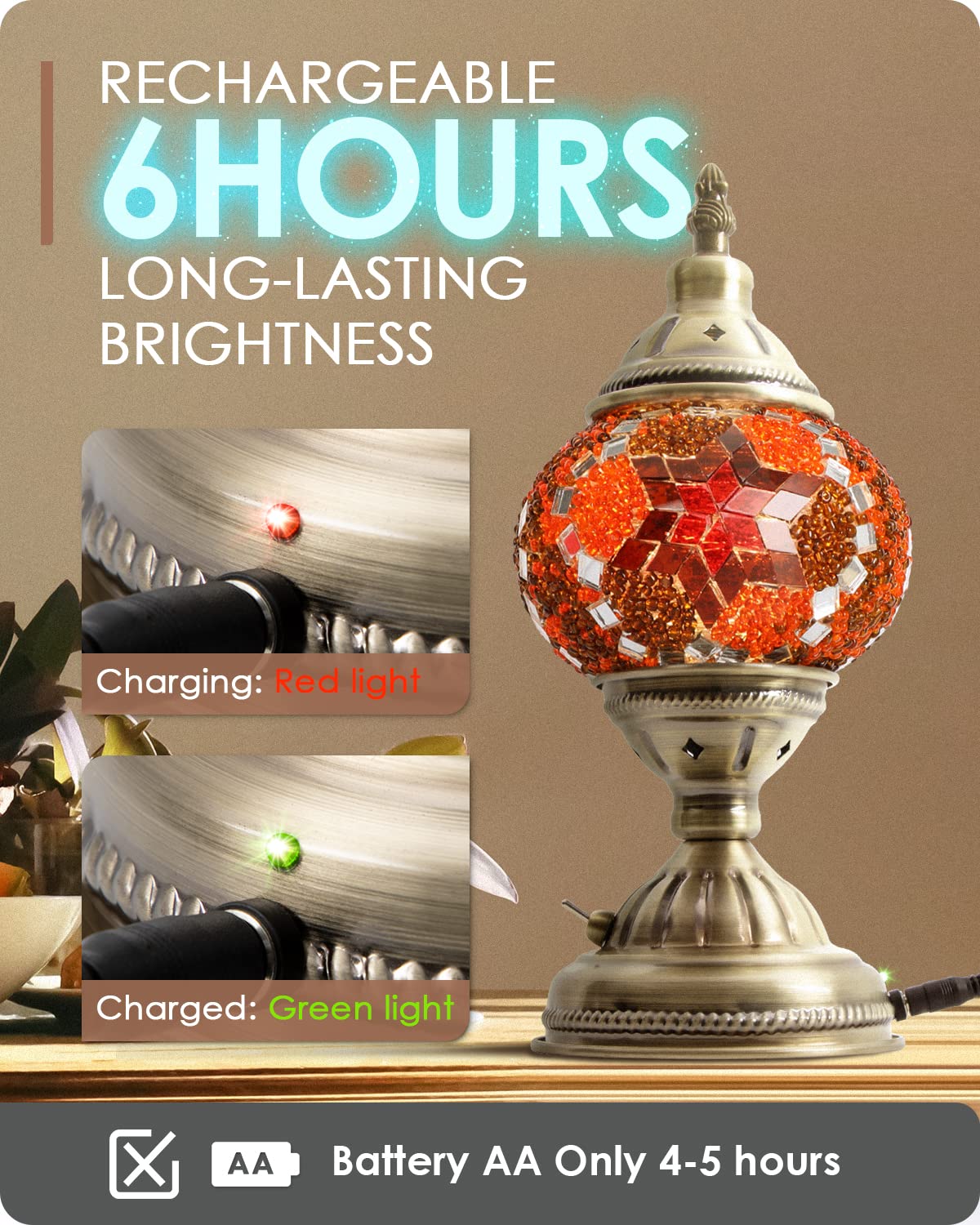 Yarra-Decor Turkish Moroccan Lamp, Handmade Tiffany Mosaic Glass, Portable Bedside, Rechargeable Battery 2000mAh, Red2