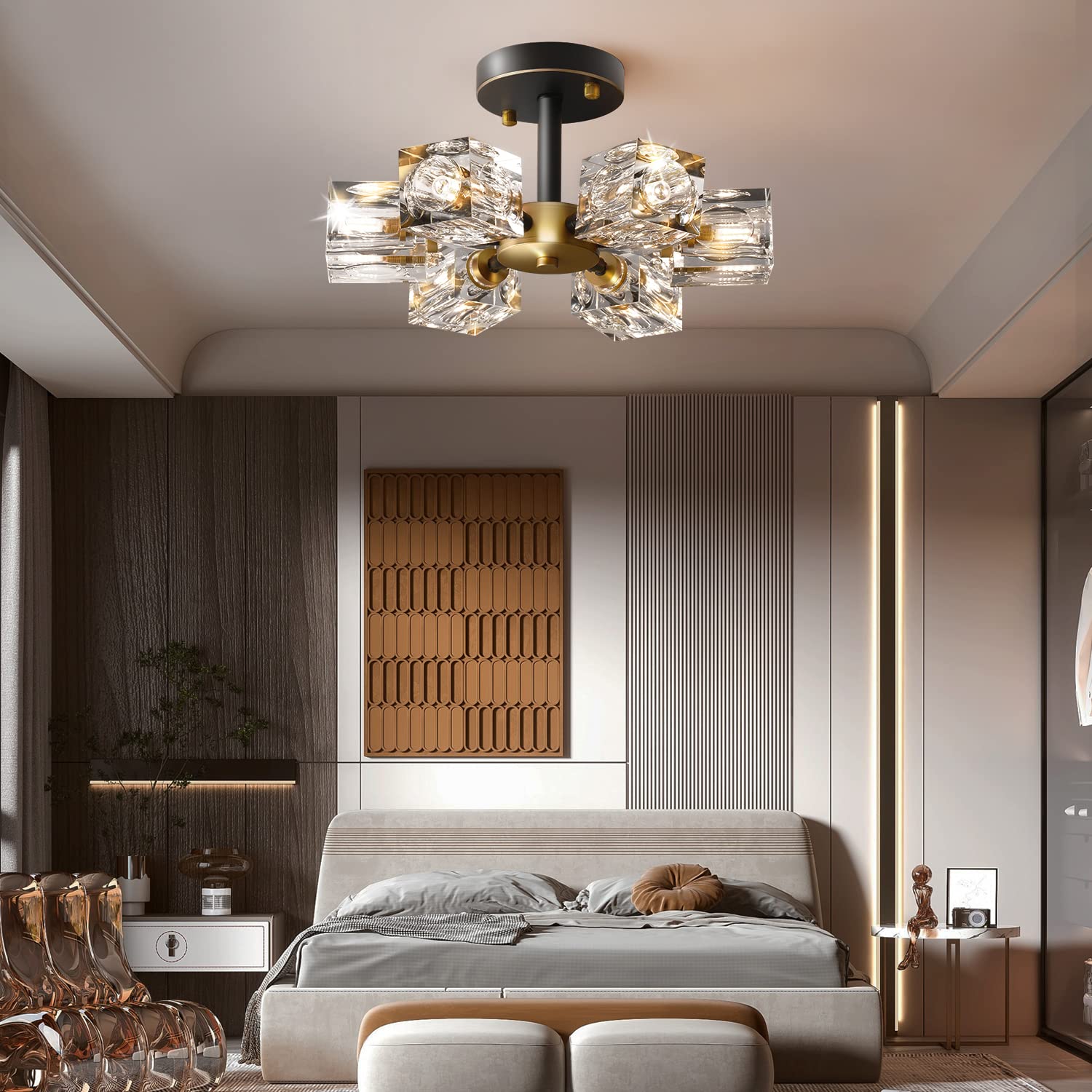 Okes 13&quot; Black And Gold Crystal Semi Flush Mount Light - 6-Light Industrial Chandelier For Home