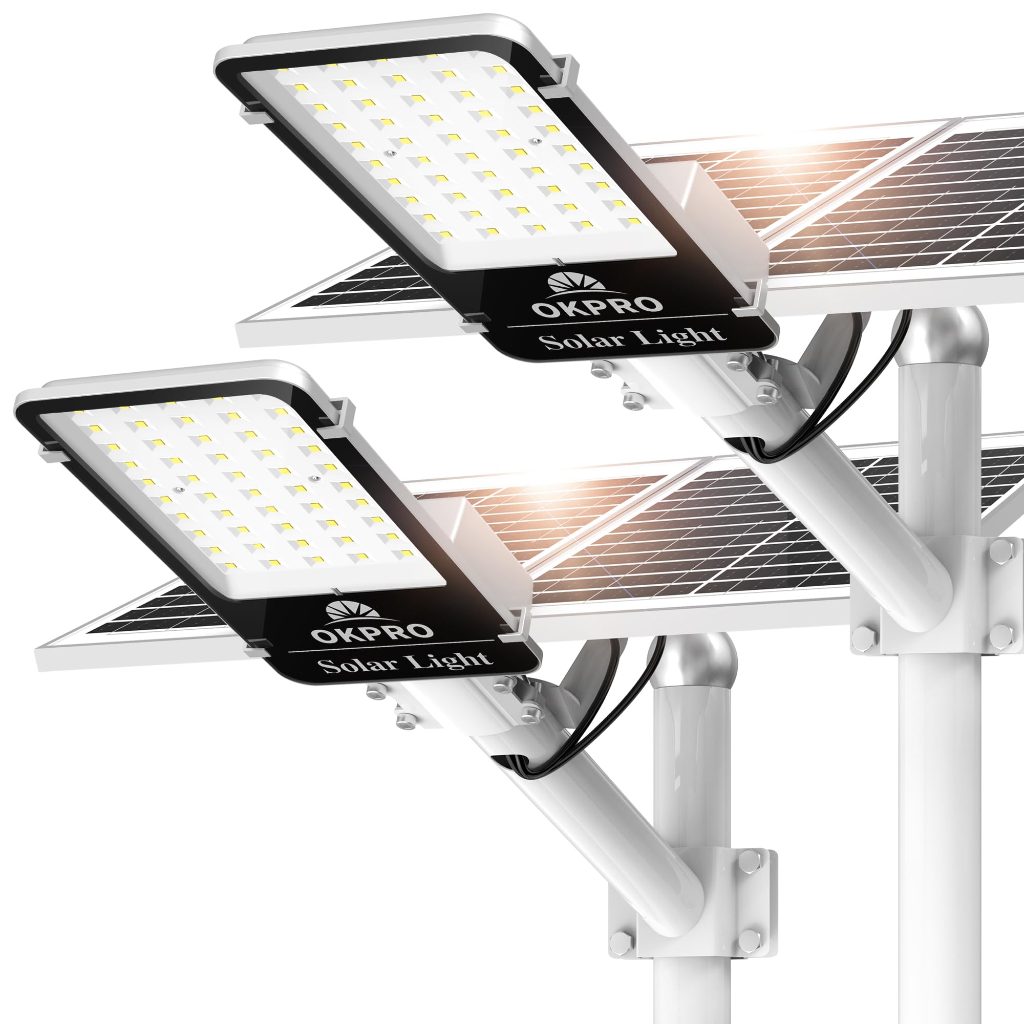 OKPRO Solar Street Lights 12000W 2-Pack, Dusk to Dawn, IP66 Waterproof, Remote Control, Aluminum, White, Model S-2000A